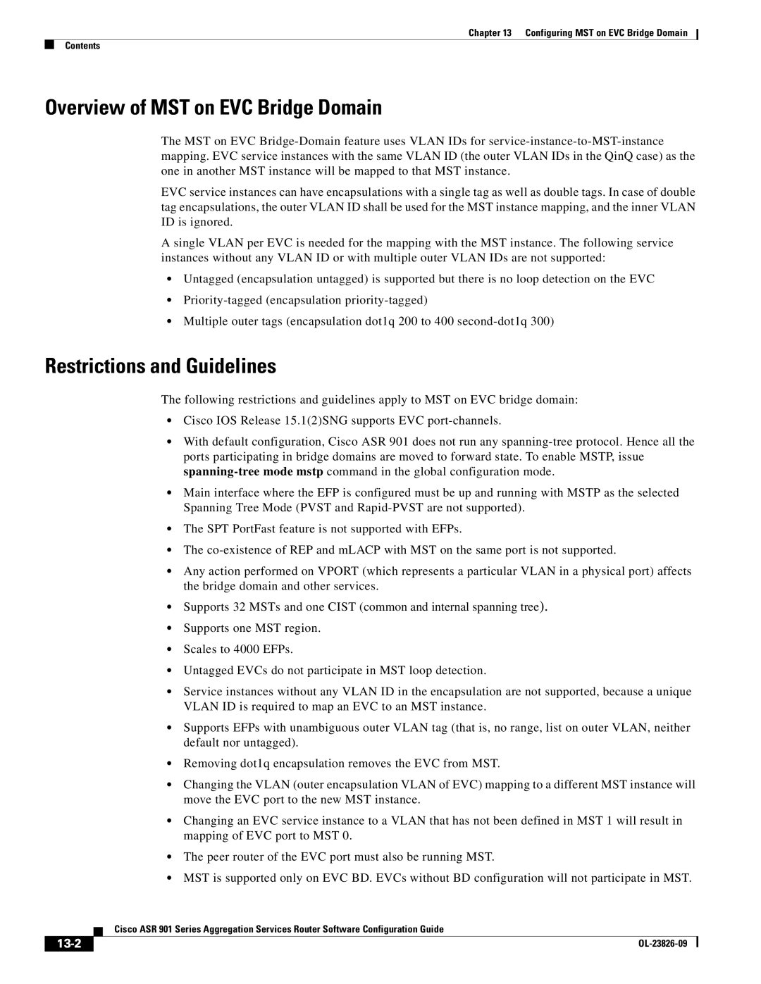 Cisco Systems A9014CFD manual Overview of MST on EVC Bridge Domain, Restrictions and Guidelines, 13-2 