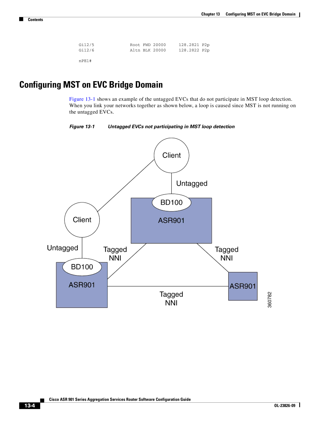 Cisco Systems A9014CFD manual Configuring MST on EVC Bridge Domain, 13-4 