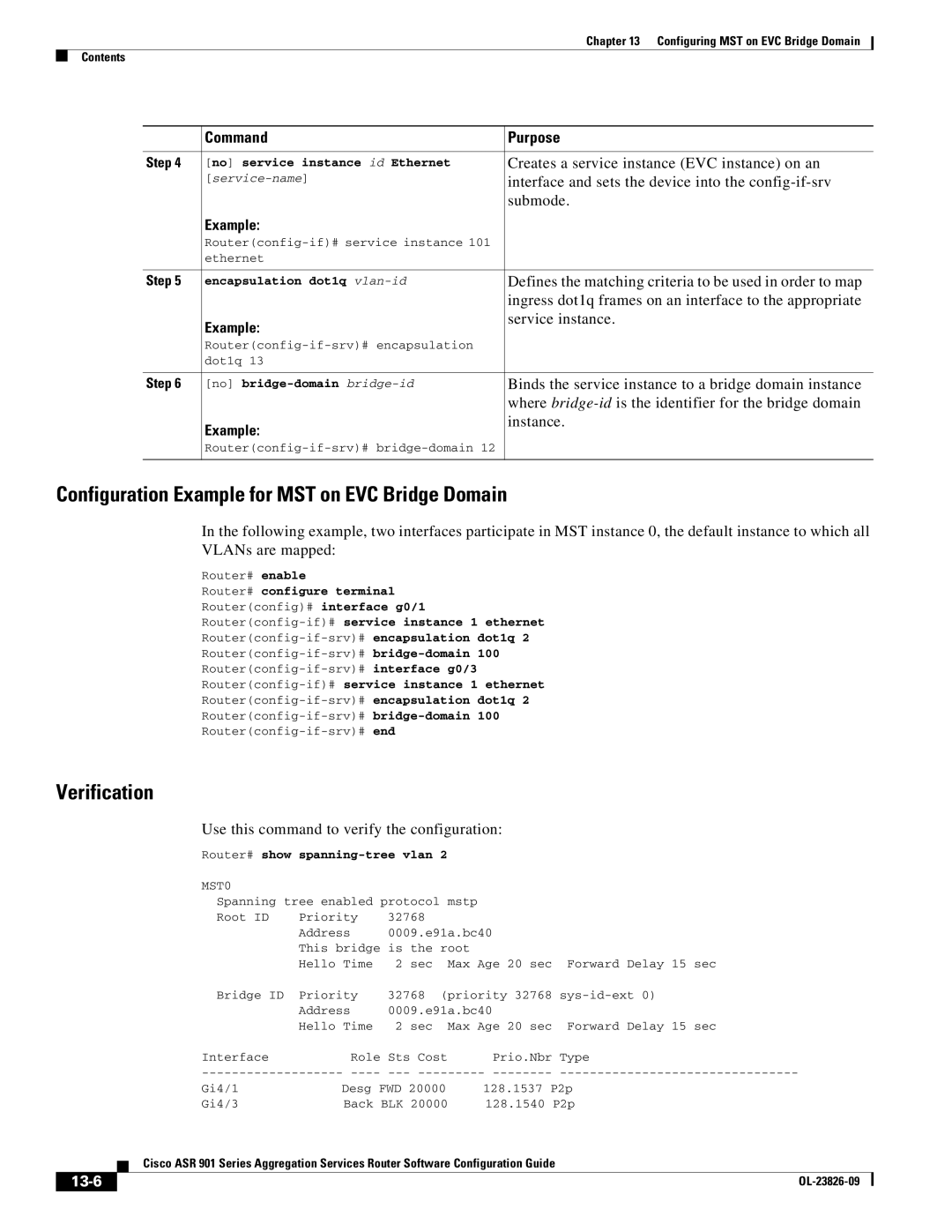 Cisco Systems A9014CFD manual Configuration Example for MST on EVC Bridge Domain, Verification, 13-6 