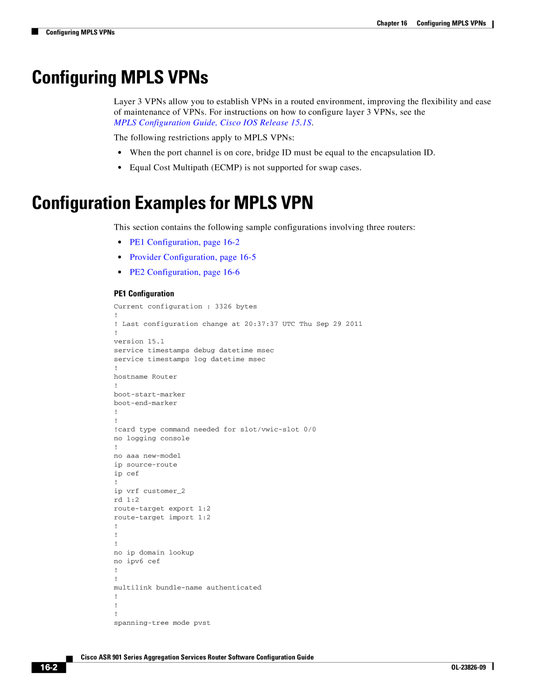 Cisco Systems A9014CFD manual Configuring Mpls VPNs, Configuration Examples for Mpls VPN, PE1 Configuration, 16-2 