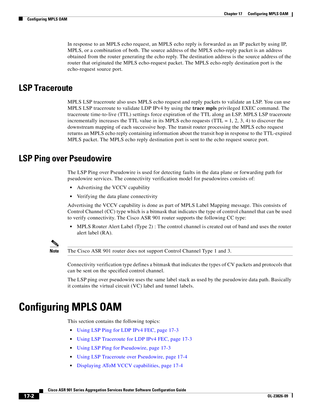 Cisco Systems A9014CFD manual Configuring Mpls OAM, LSP Traceroute, LSP Ping over Pseudowire, 17-2 