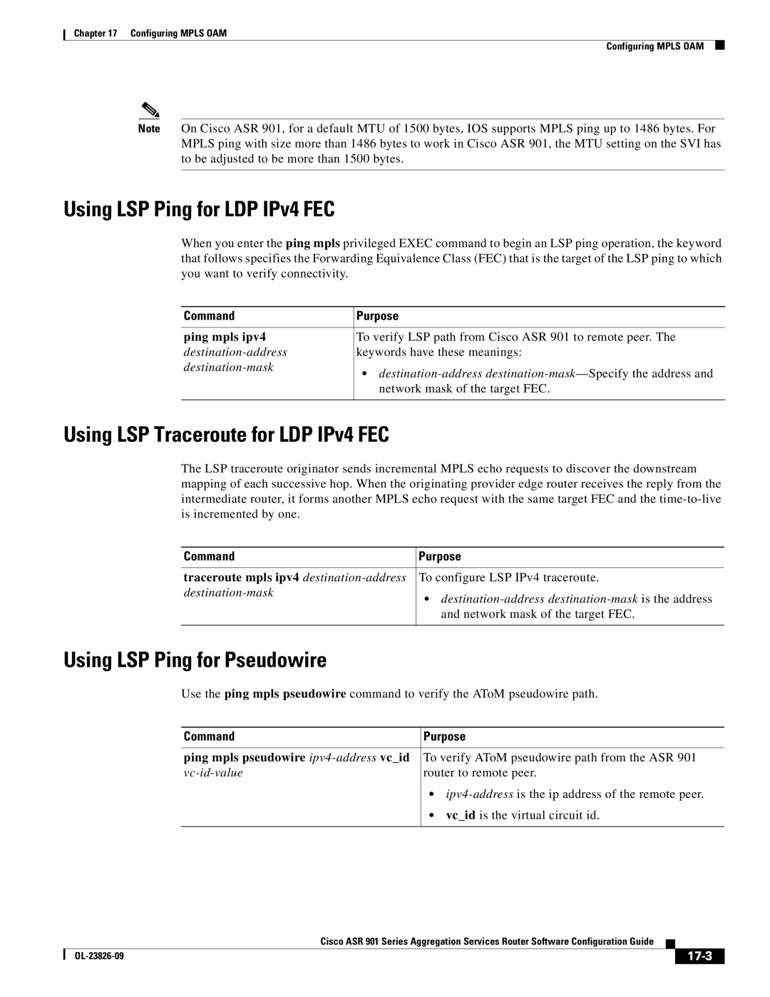 Cisco Systems A9014CFD manual Using LSP Ping for LDP IPv4 FEC, Using LSP Traceroute for LDP IPv4 FEC, Ping mpls ipv4, 17-3 