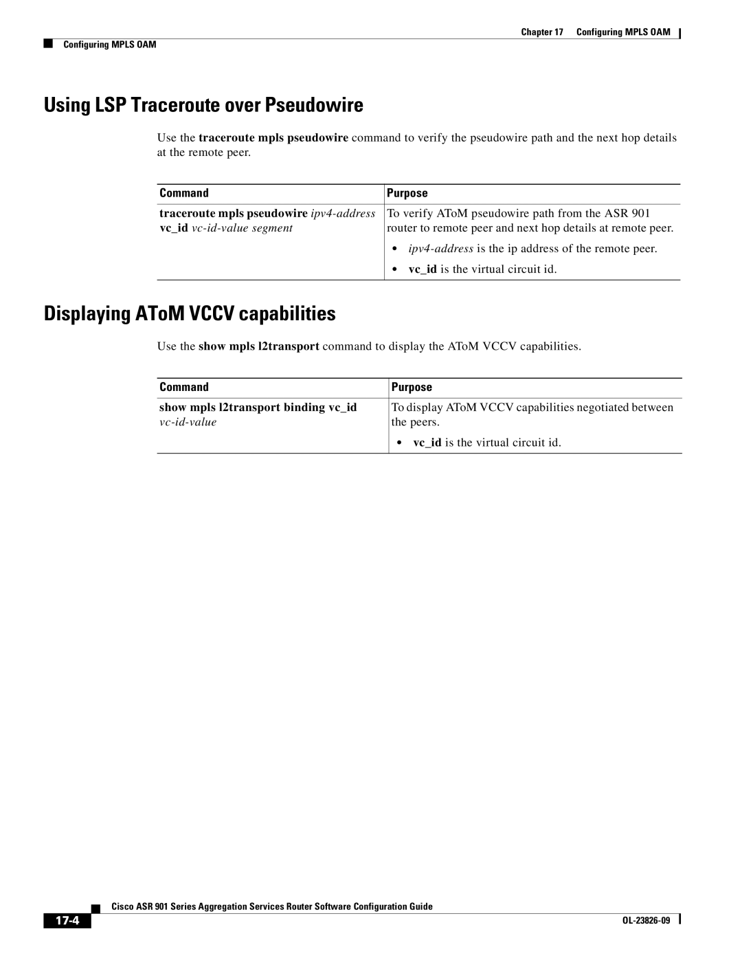 Cisco Systems A9014CFD manual Using LSP Traceroute over Pseudowire, Displaying AToM Vccv capabilities, Vc-id-value, 17-4 