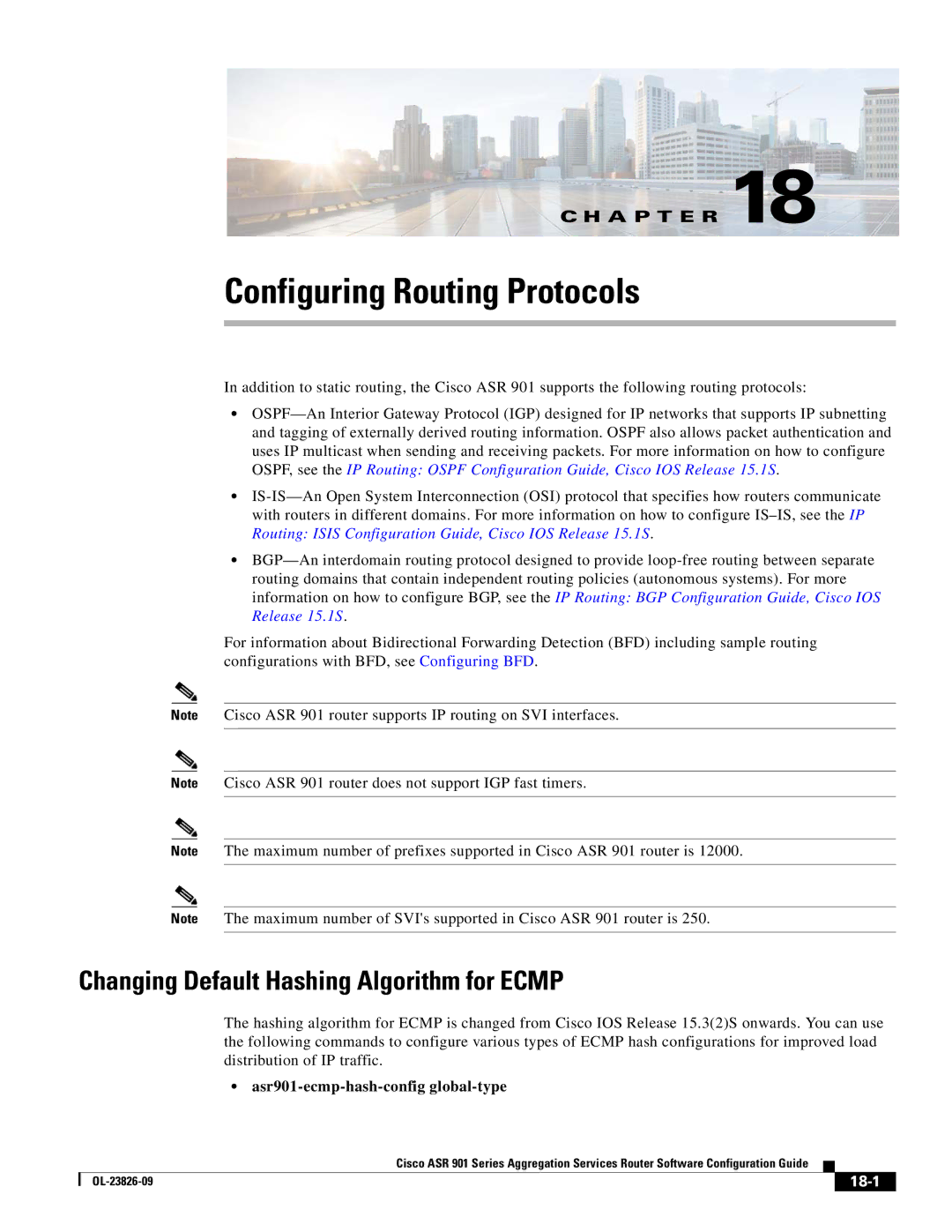 Cisco Systems A9014CFD manual Configuring Routing Protocols, Changing Default Hashing Algorithm for Ecmp, 18-1 