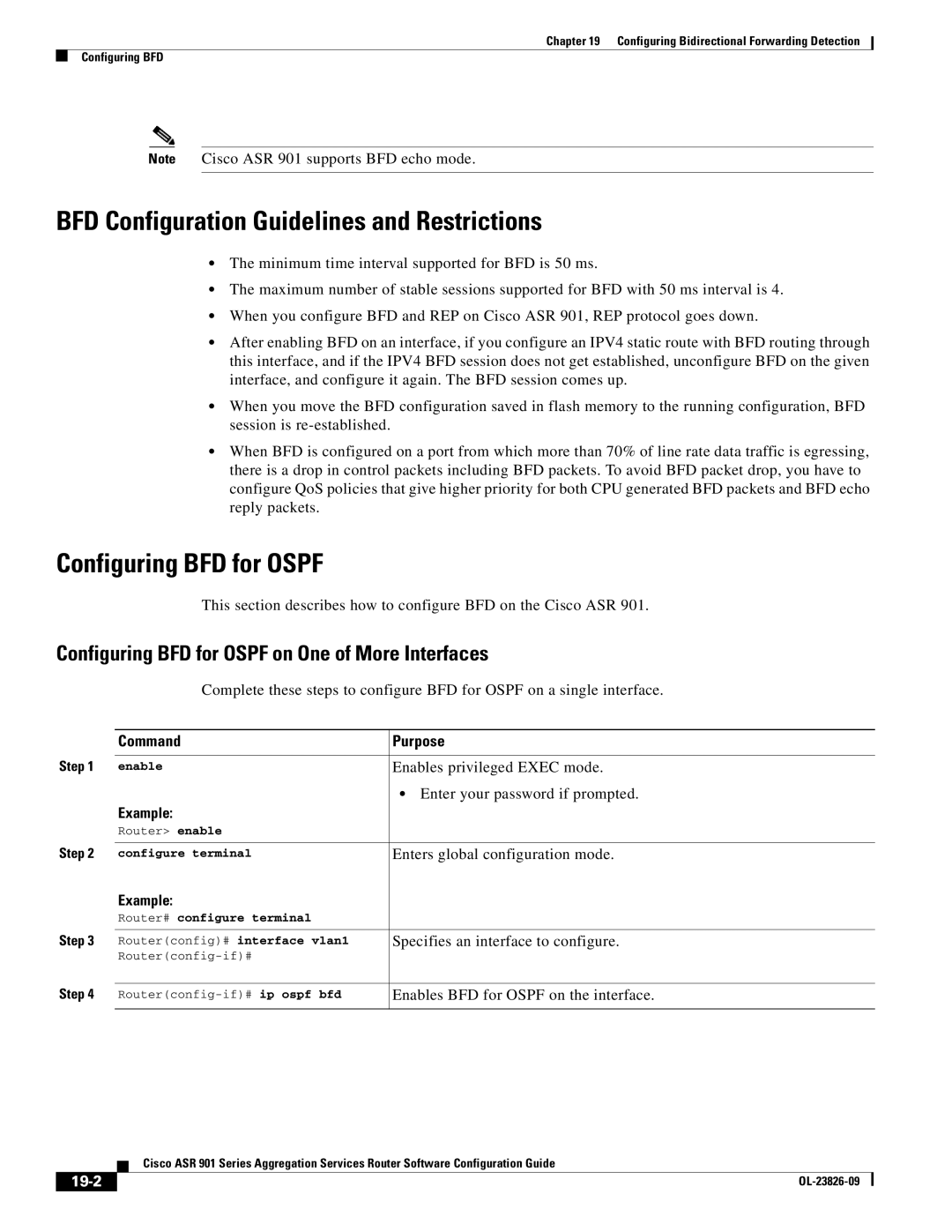 Cisco Systems A9014CFD manual BFD Configuration Guidelines and Restrictions, Configuring BFD for Ospf, 19-2 