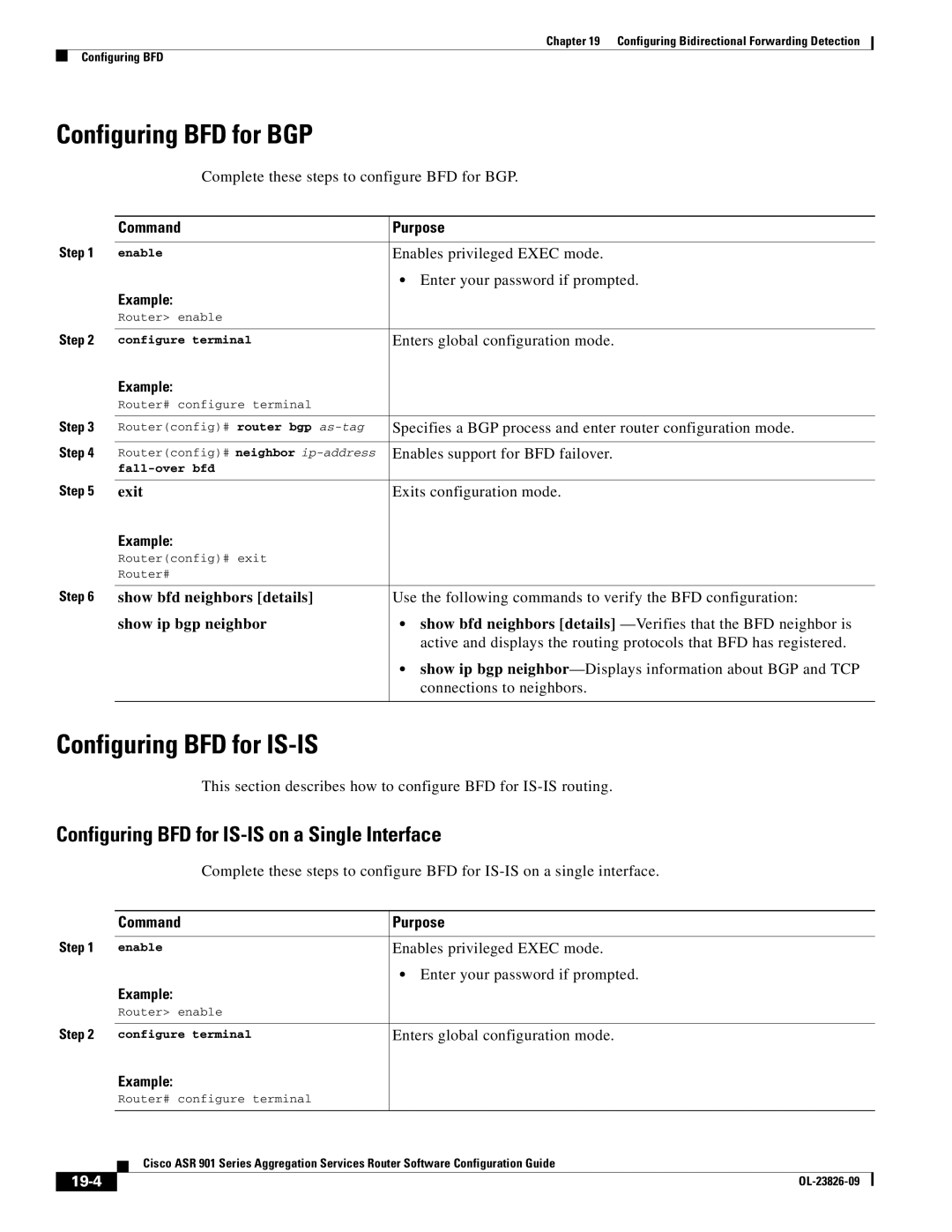 Cisco Systems A9014CFD manual Configuring BFD for BGP, Configuring BFD for IS-IS on a Single Interface, 19-4 