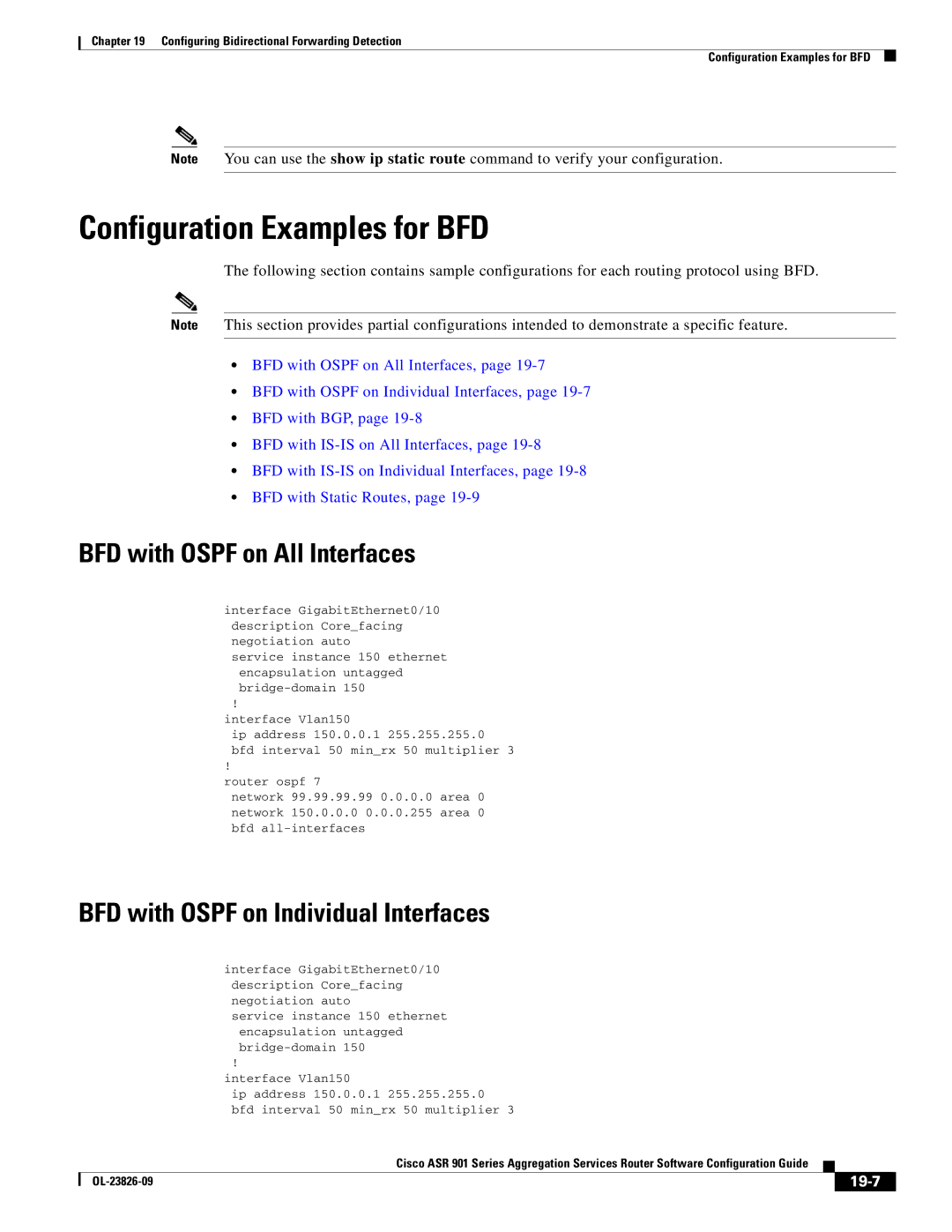 Cisco Systems A9014CFD manual Configuration Examples for BFD, BFD with Ospf on All Interfaces, 19-7 