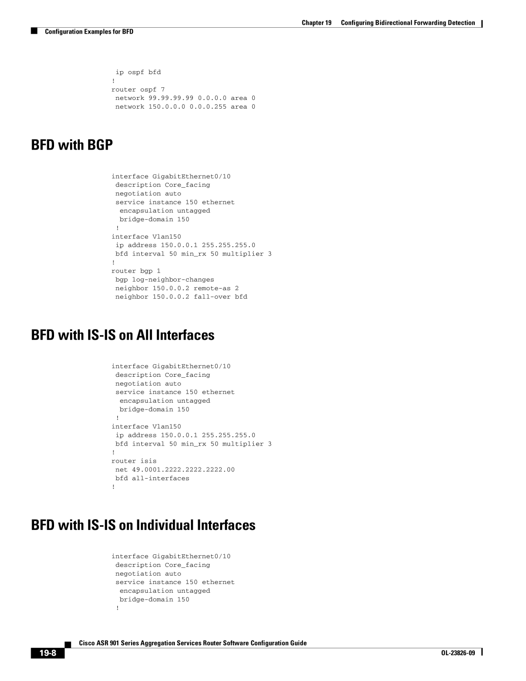 Cisco Systems A9014CFD manual BFD with BGP, BFD with IS-IS on All Interfaces, BFD with IS-IS on Individual Interfaces, 19-8 