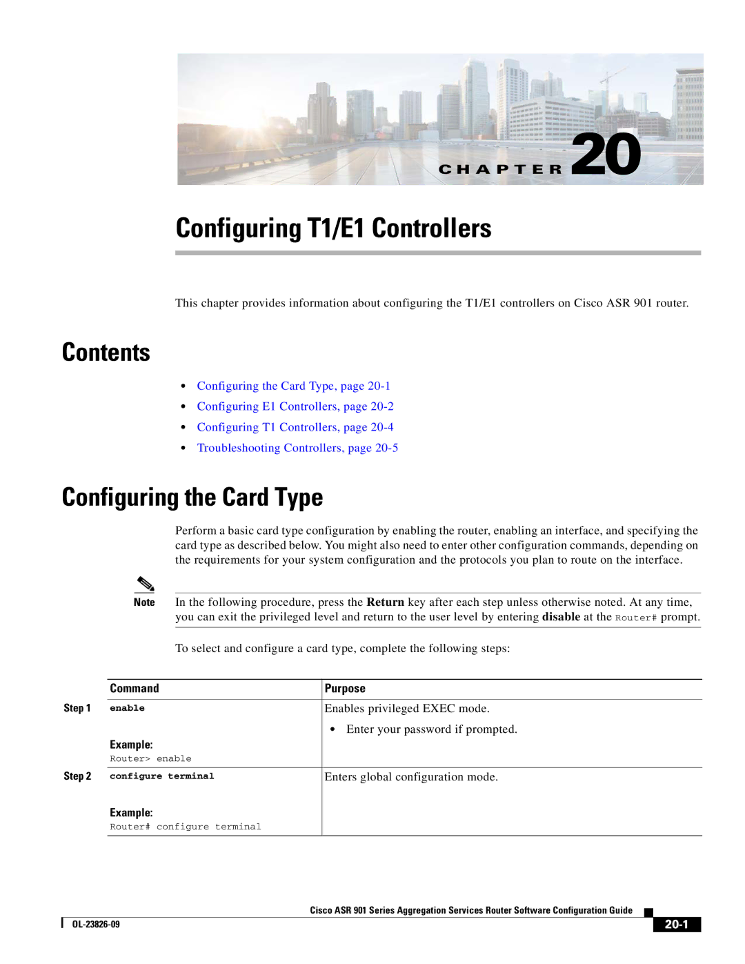 Cisco Systems A9014CFD manual Configuring T1/E1 Controllers, Configuring the Card Type, 20-1 