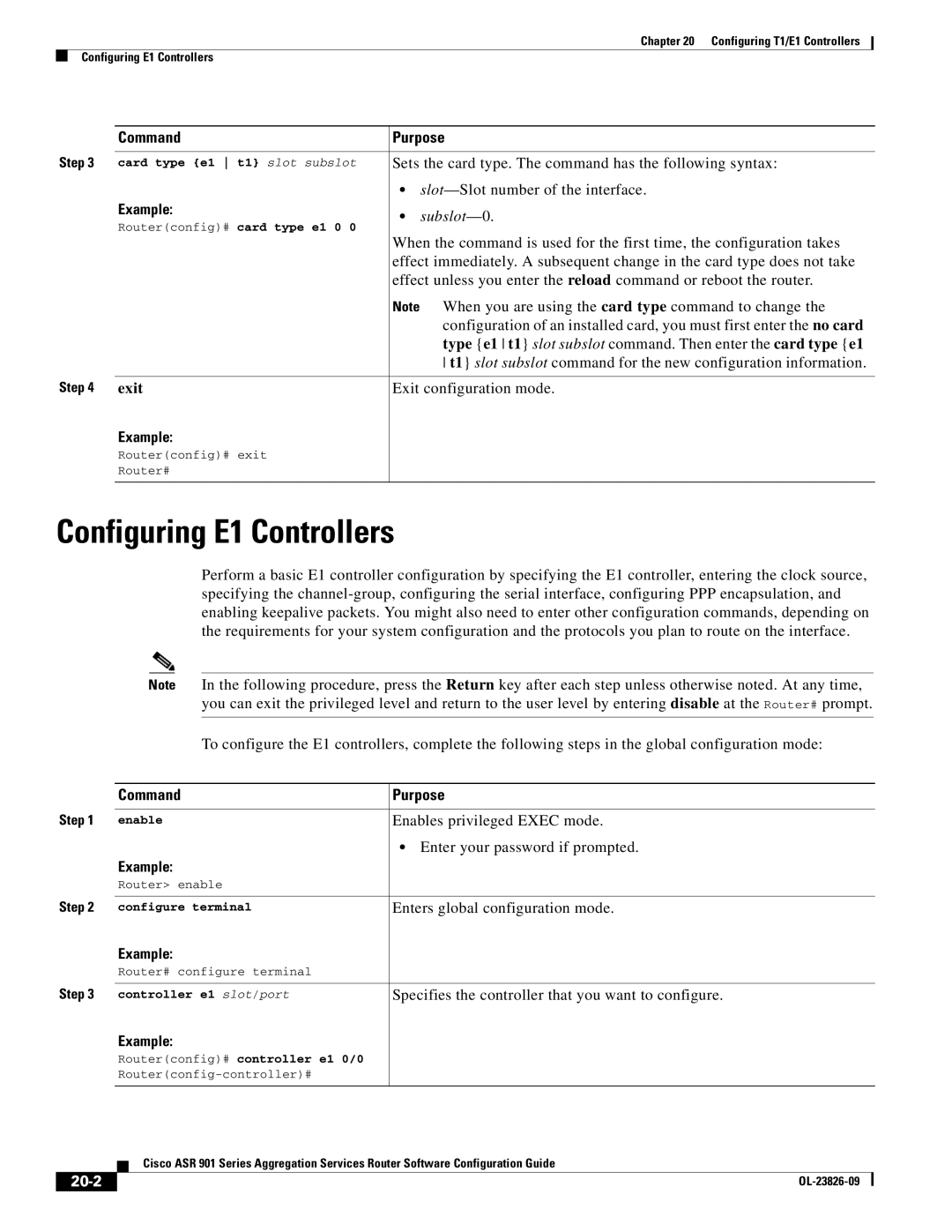 Cisco Systems A9014CFD manual Configuring E1 Controllers, Subslot, 20-2 