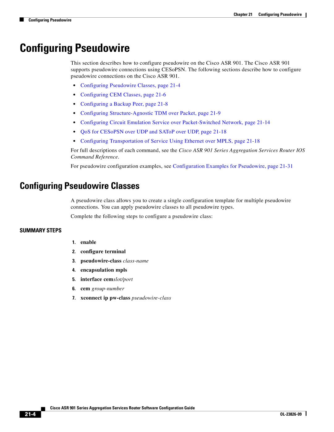 Cisco Systems A9014CFD Configuring Pseudowire Classes, Cem group-number, Xconnect ip pw-class pseudowire-class, 21-4 