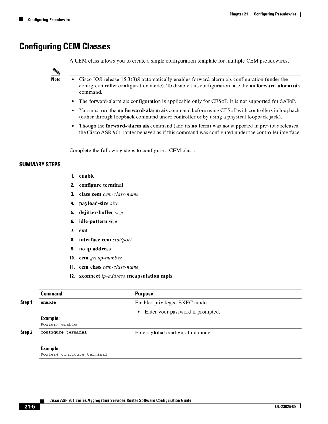 Cisco Systems A9014CFD Configuring CEM Classes, Class cem cem-class-name, Cem group-number Cem class cem-class-name, 21-6 