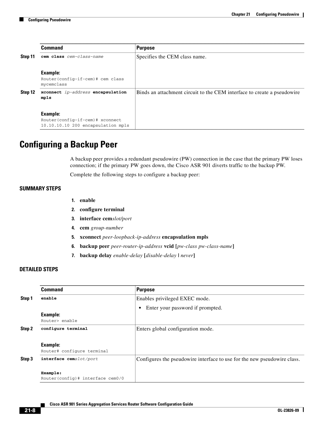 Cisco Systems A9014CFD manual Configuring a Backup Peer, Specifies the CEM class name, 21-8 