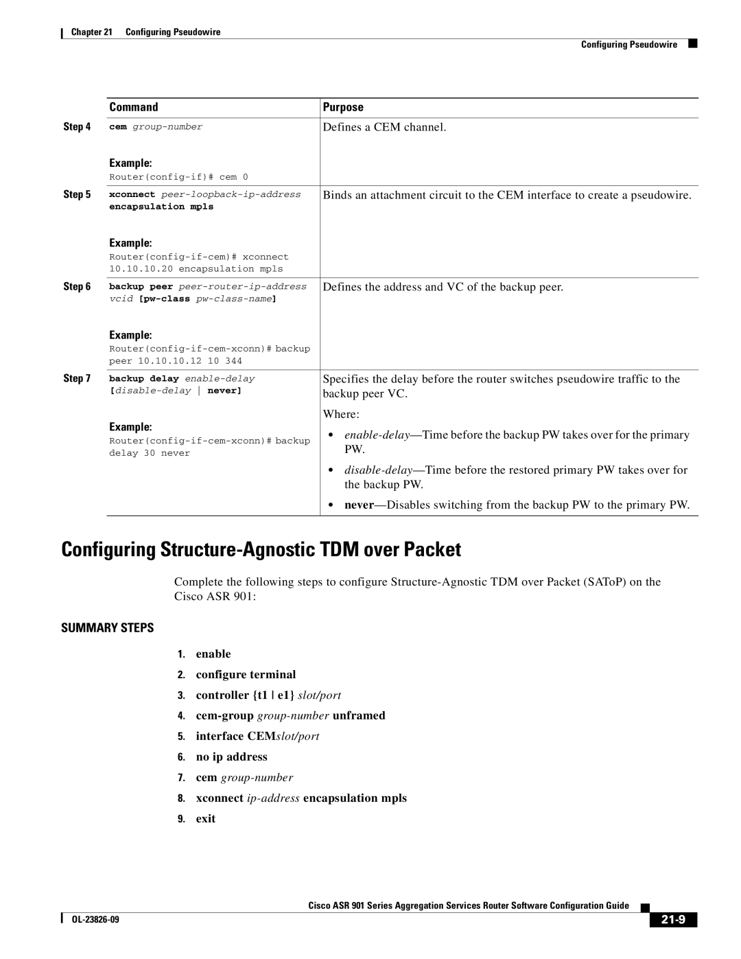 Cisco Systems A9014CFD Configuring Structure-Agnostic TDM over Packet, Xconnect ip-addressencapsulation mpls Exit, 21-9 