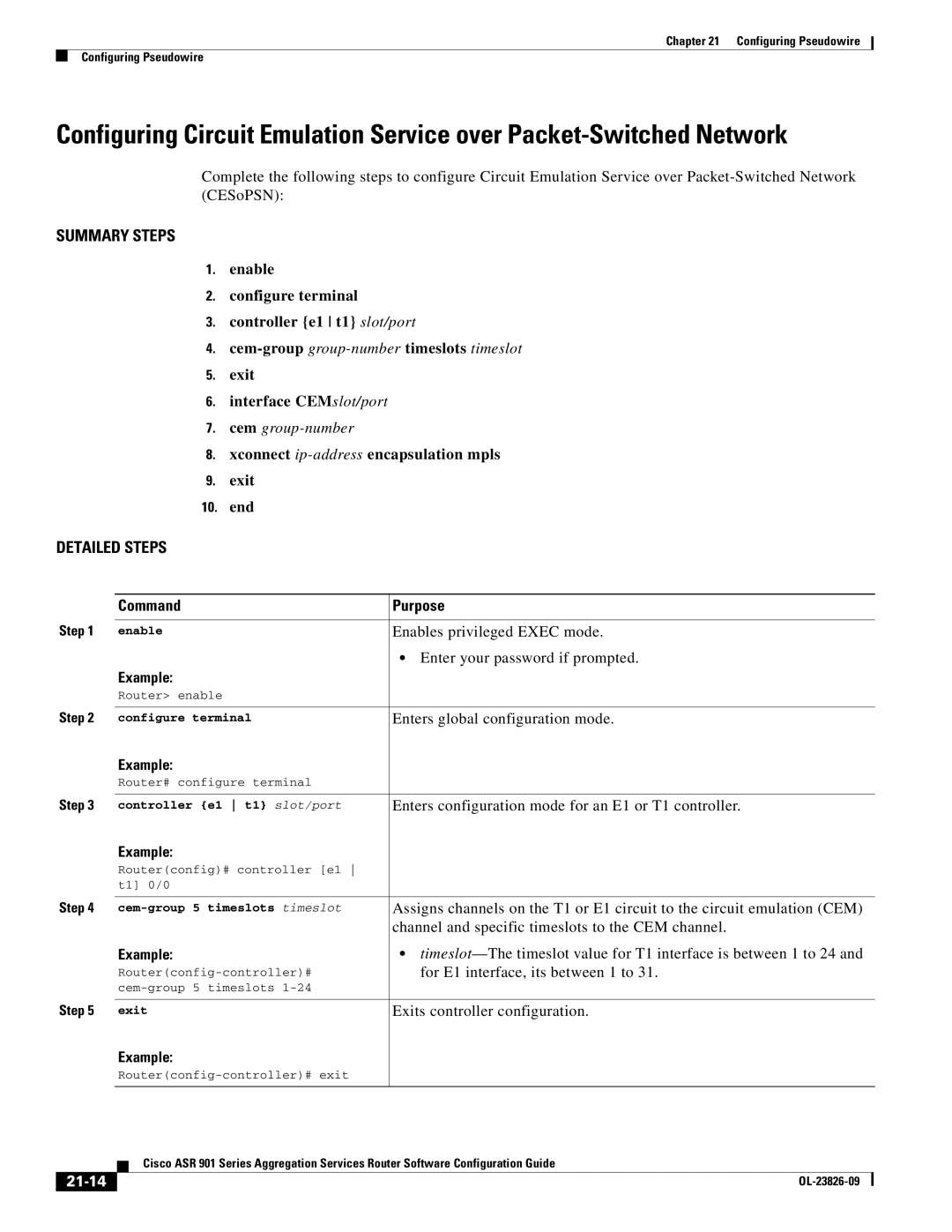 Cisco Systems A9014CFD Enable Configure terminal Controller e1 t1 slot/port, Cem-groupgroup-number timeslots timeslot 