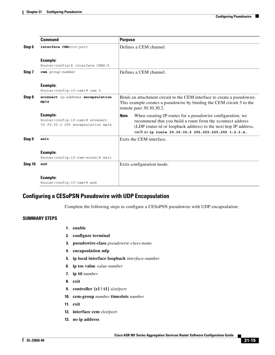 Cisco Systems A9014CFD manual Configuring a CESoPSN Pseudowire with UDP Encapsulation, Defines a CEM channel, 21-15 