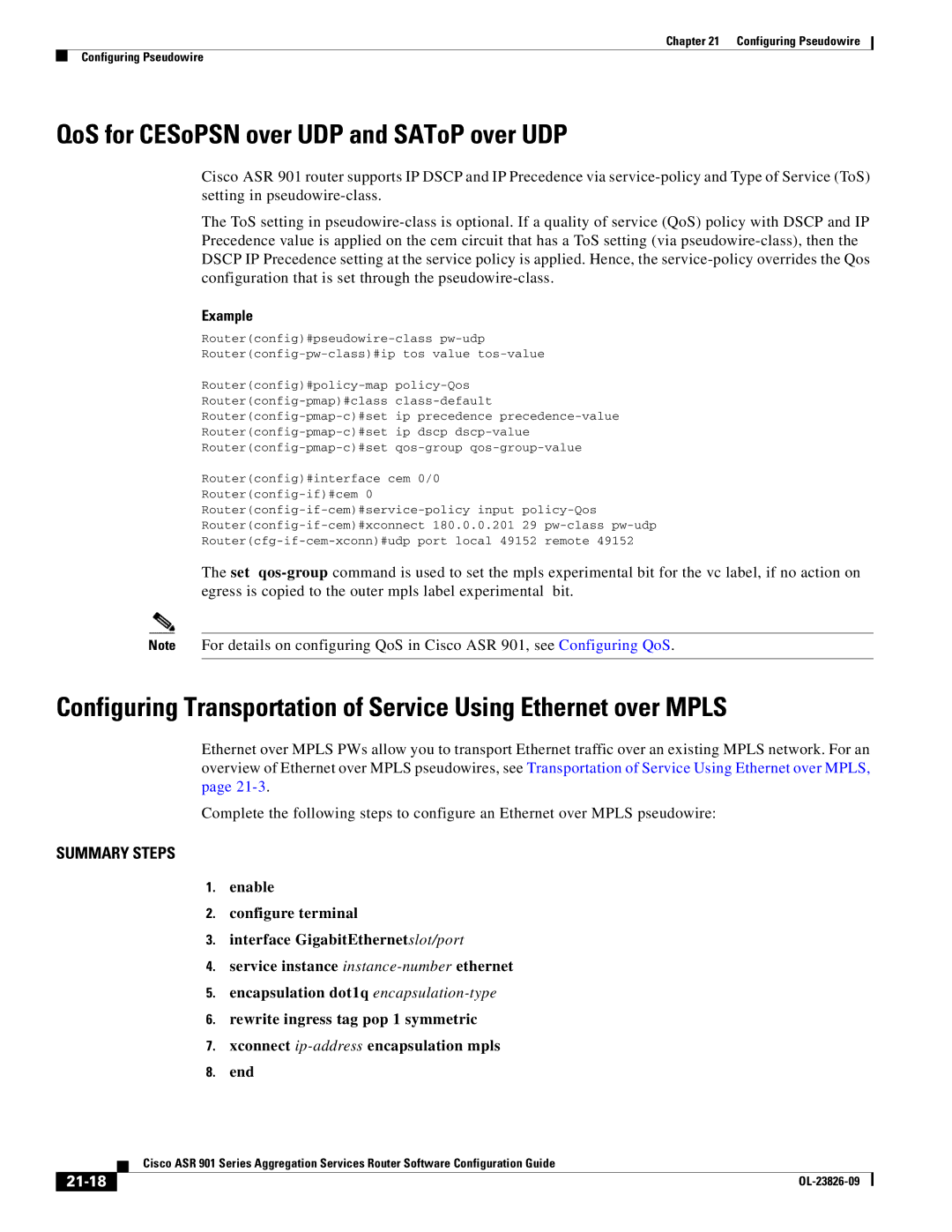 Cisco Systems A9014CFD manual QoS for CESoPSN over UDP and SAToP over UDP, 21-18 