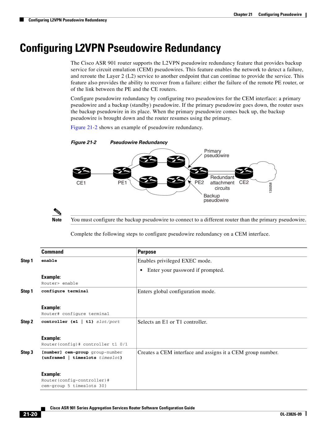 Cisco Systems A9014CFD manual Configuring L2VPN Pseudowire Redundancy, Selects an E1 or T1 controller, 21-20 