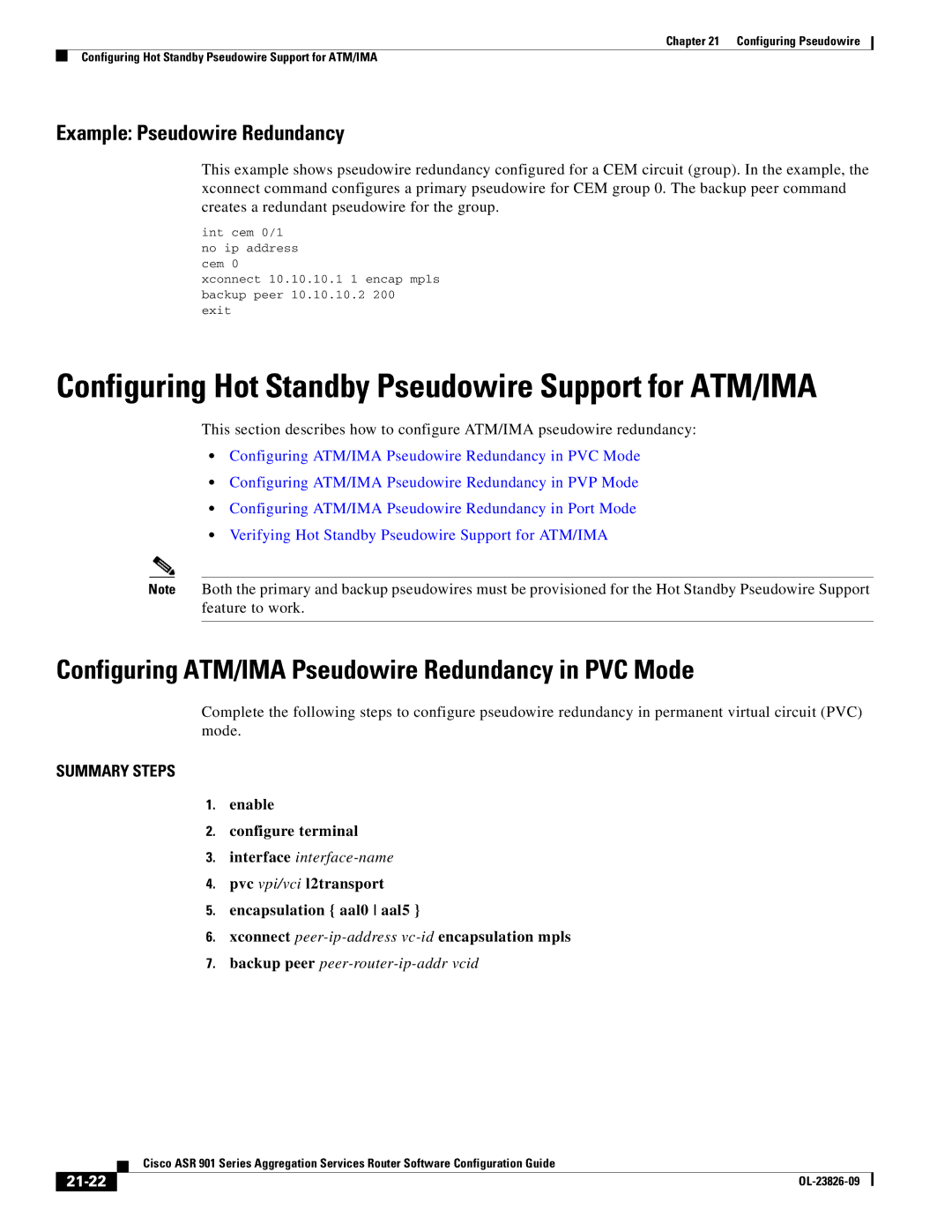 Cisco Systems A9014CFD manual Configuring ATM/IMA Pseudowire Redundancy in PVC Mode, Example Pseudowire Redundancy, 21-22 