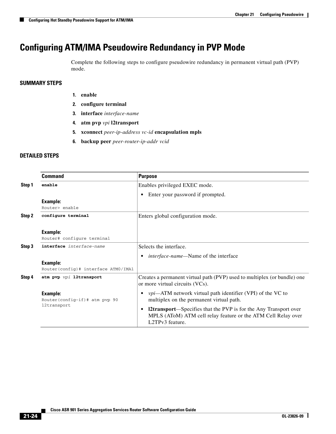 Cisco Systems A9014CFD manual Configuring ATM/IMA Pseudowire Redundancy in PVP Mode, Or more virtual circuits VCs, 21-24 