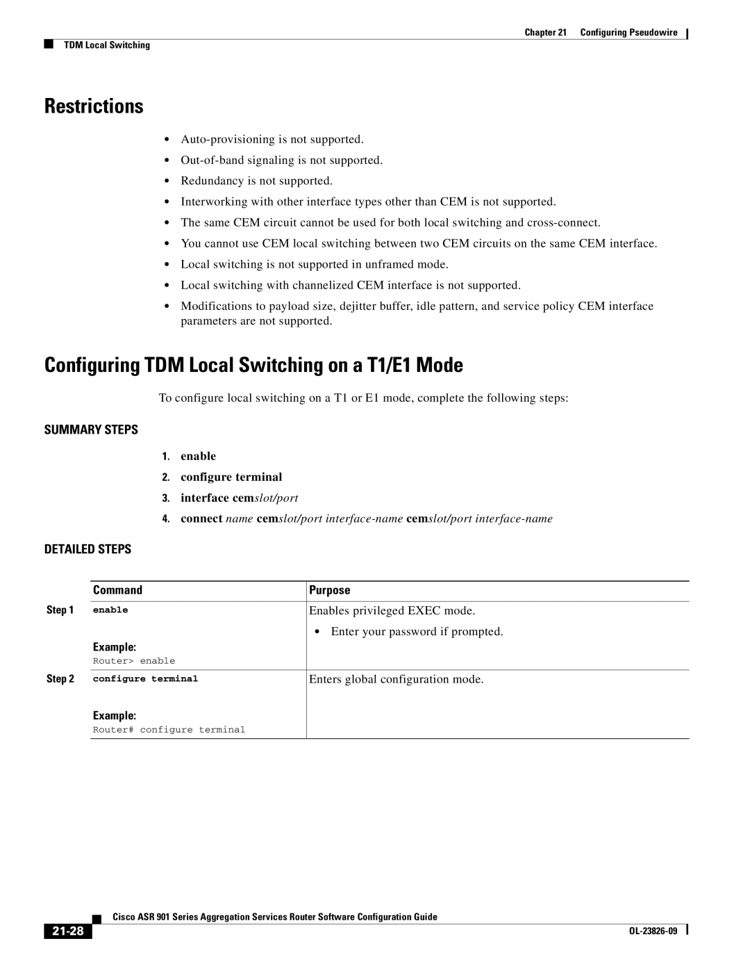 Cisco Systems A9014CFD manual Configuring TDM Local Switching on a T1/E1 Mode, 21-28 