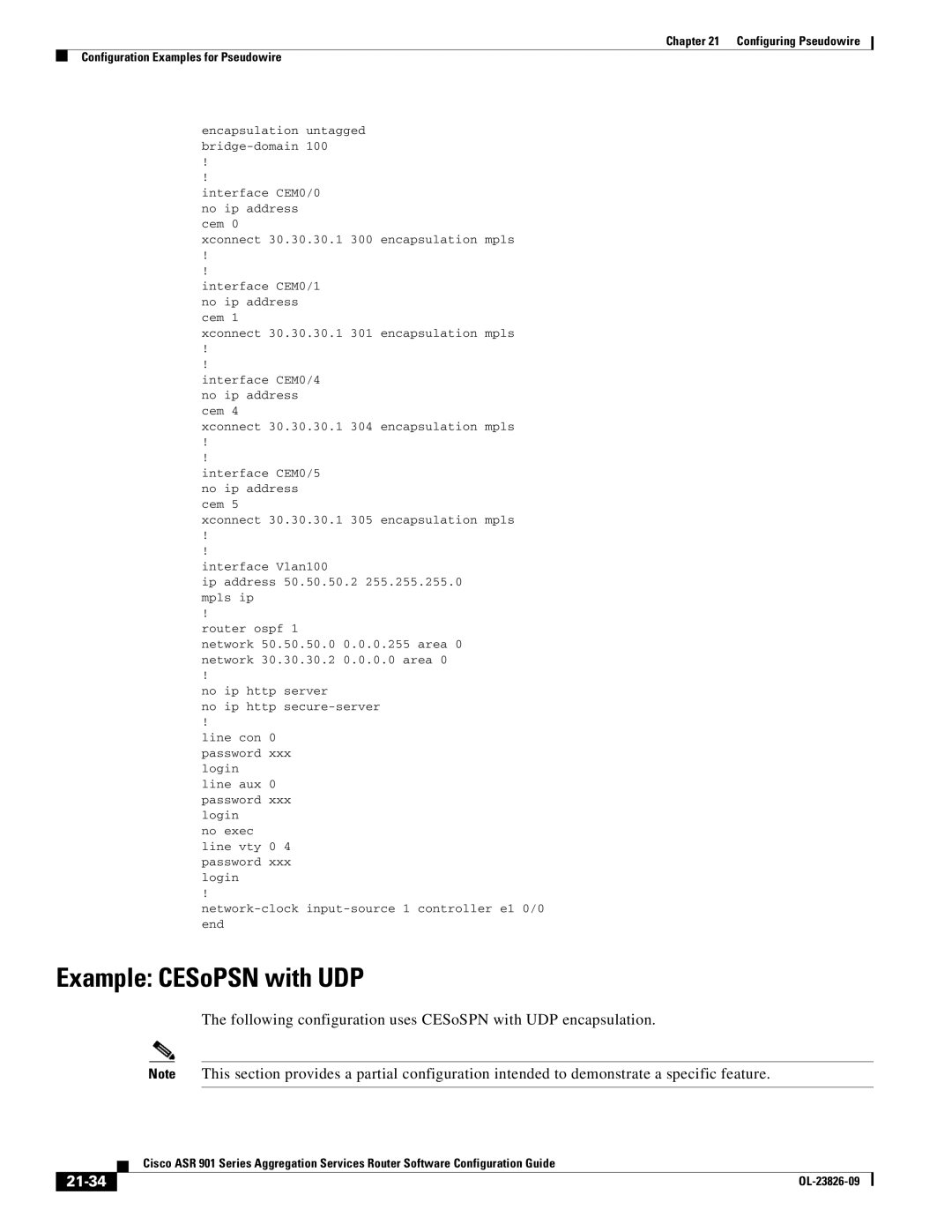 Cisco Systems A9014CFD manual Example CESoPSN with UDP, Following configuration uses CESoSPN with UDP encapsulation, 21-34 