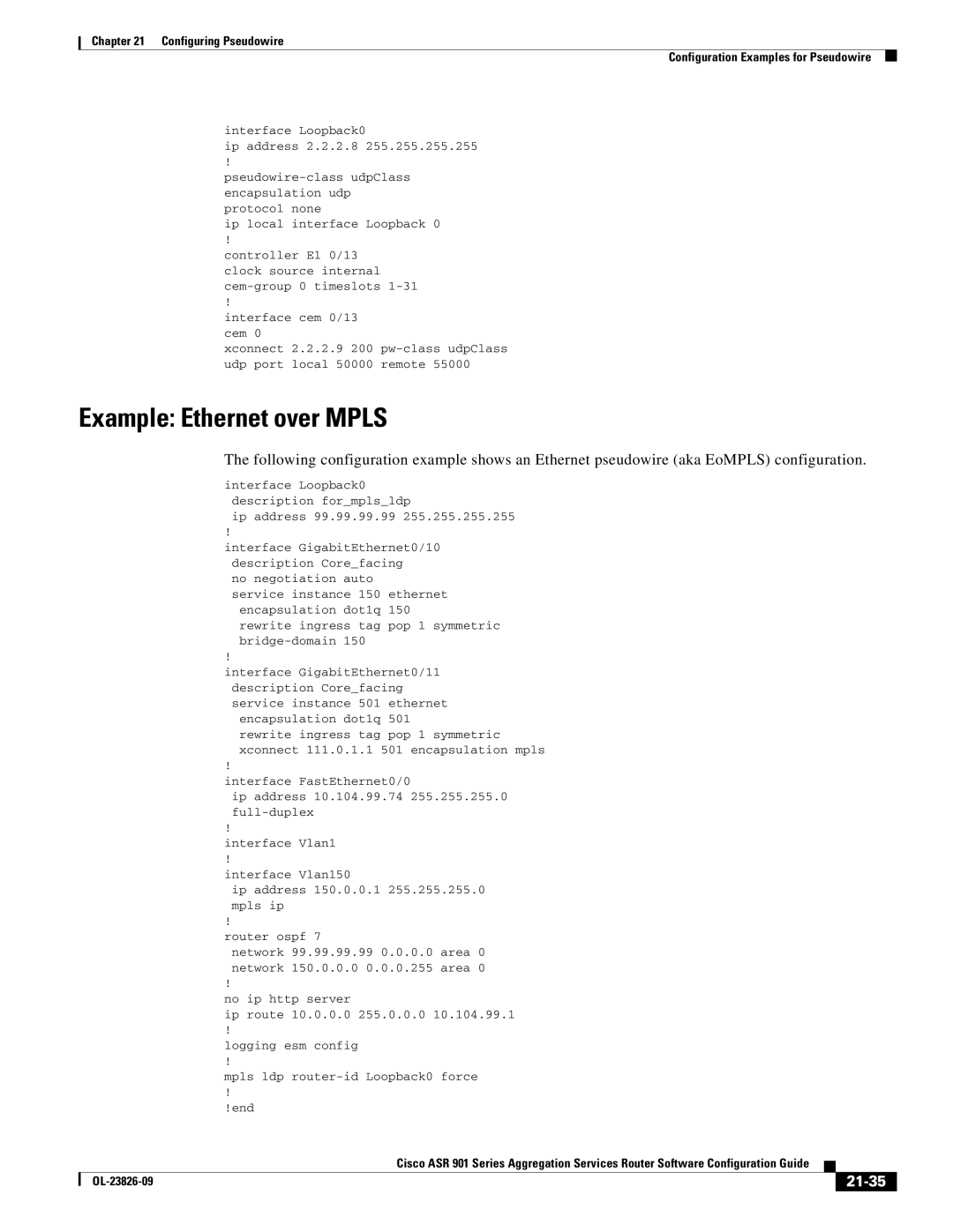 Cisco Systems A9014CFD manual Example Ethernet over Mpls, 21-35 