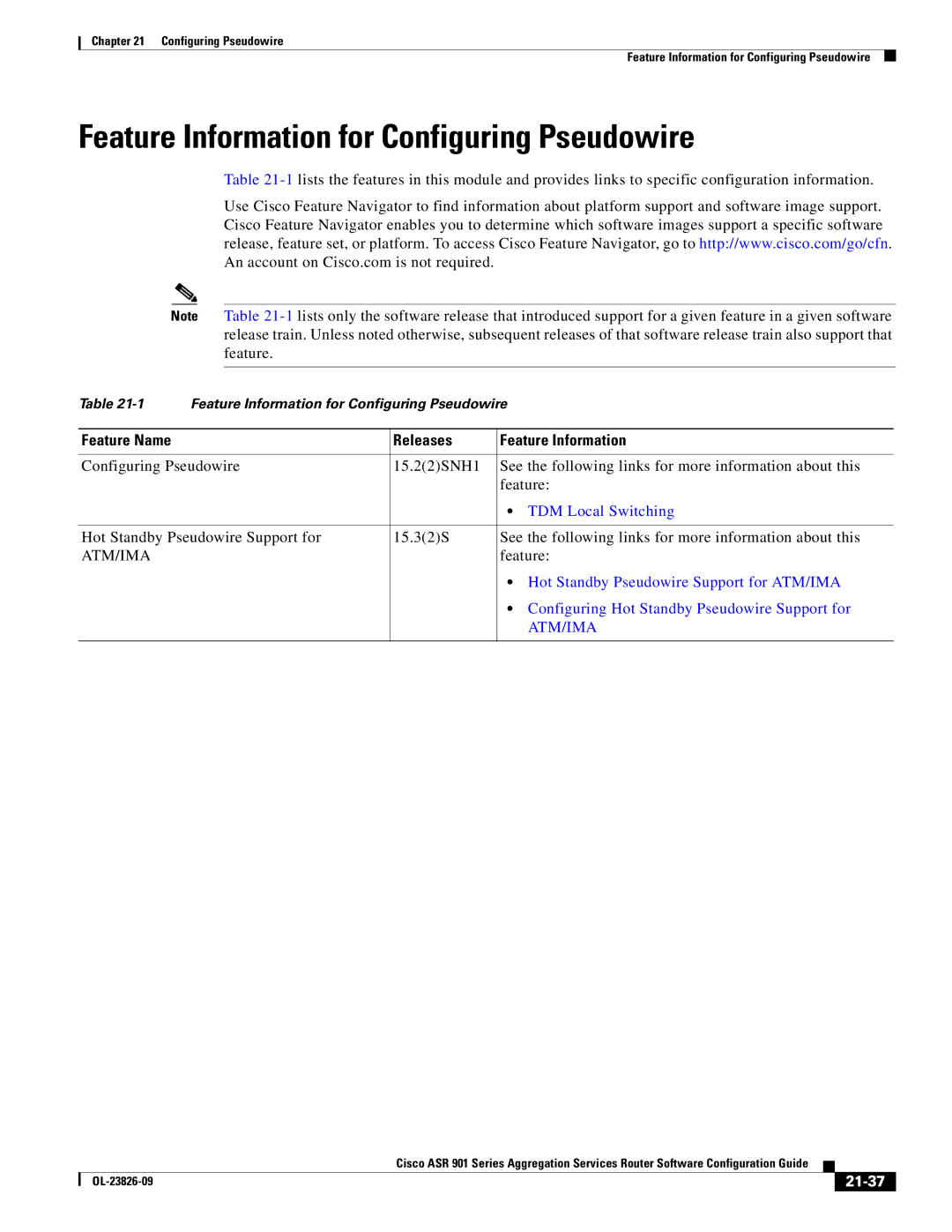 Cisco Systems A9014CFD manual Feature Information for Configuring Pseudowire, 21-37 