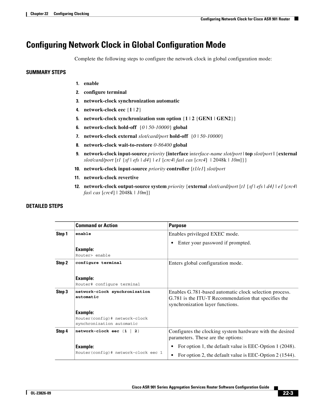 Cisco Systems A9014CFD manual Configuring Network Clock in Global Configuration Mode, 22-3 