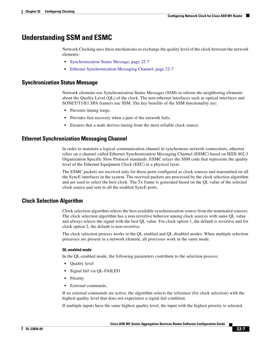 Cisco Systems A9014CFD manual Understanding SSM and Esmc, Synchronization Status Message, Clock Selection Algorithm, 22-7 