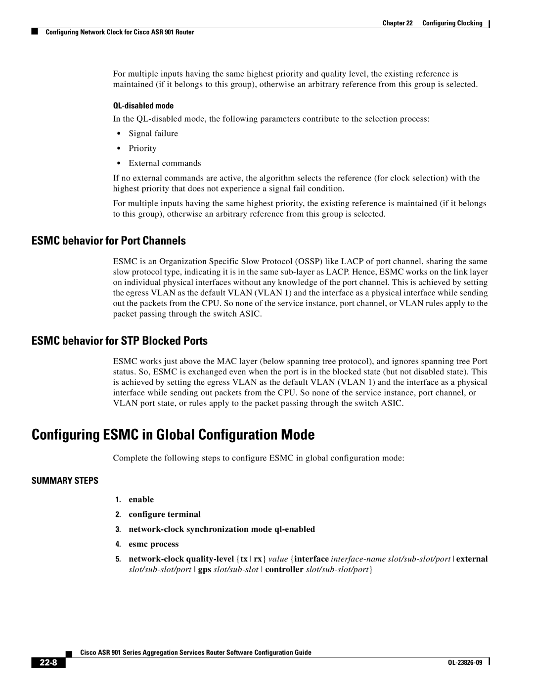 Cisco Systems A9014CFD Configuring Esmc in Global Configuration Mode, Esmc behavior for Port Channels, QL-disabled mode 