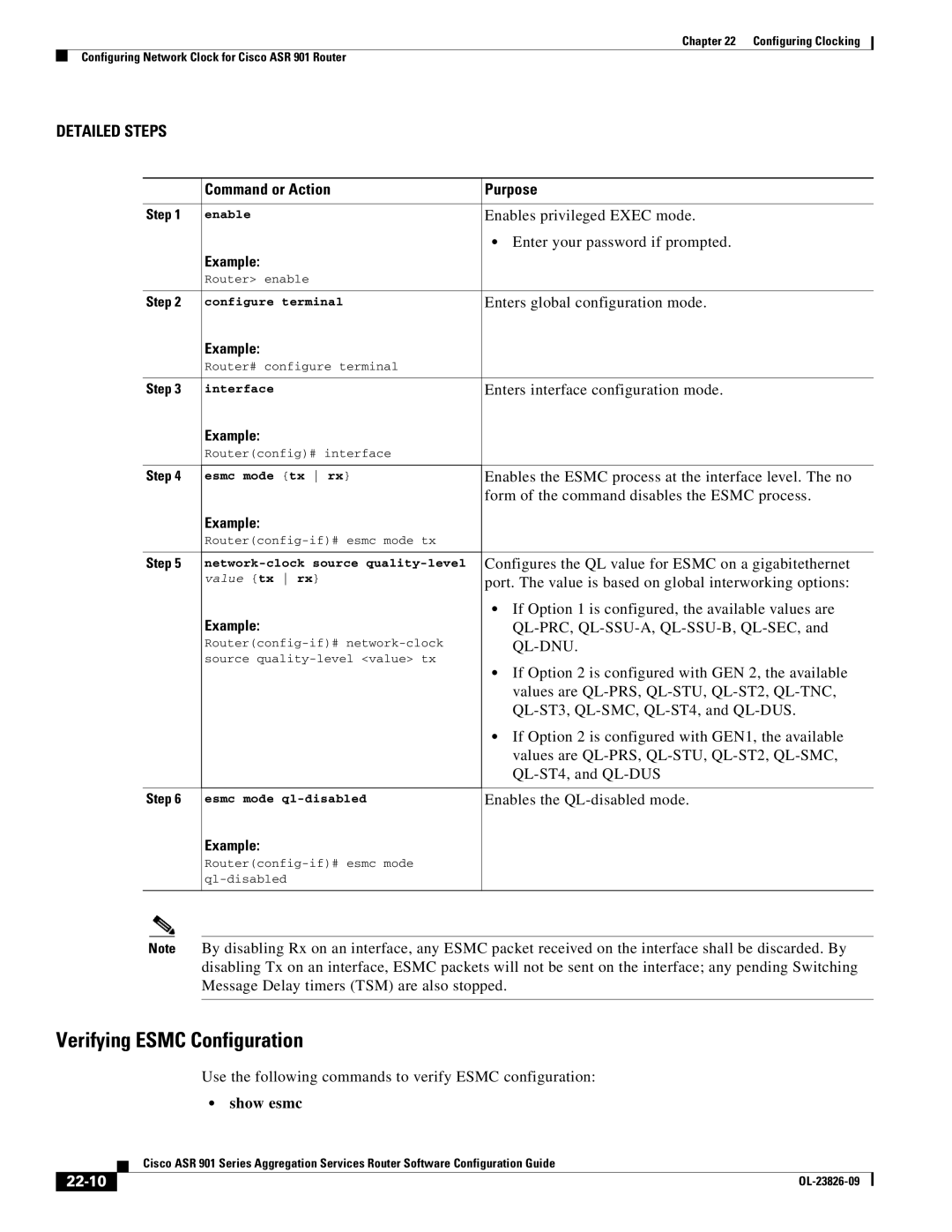 Cisco Systems A9014CFD manual Verifying Esmc Configuration, Show esmc, 22-10 