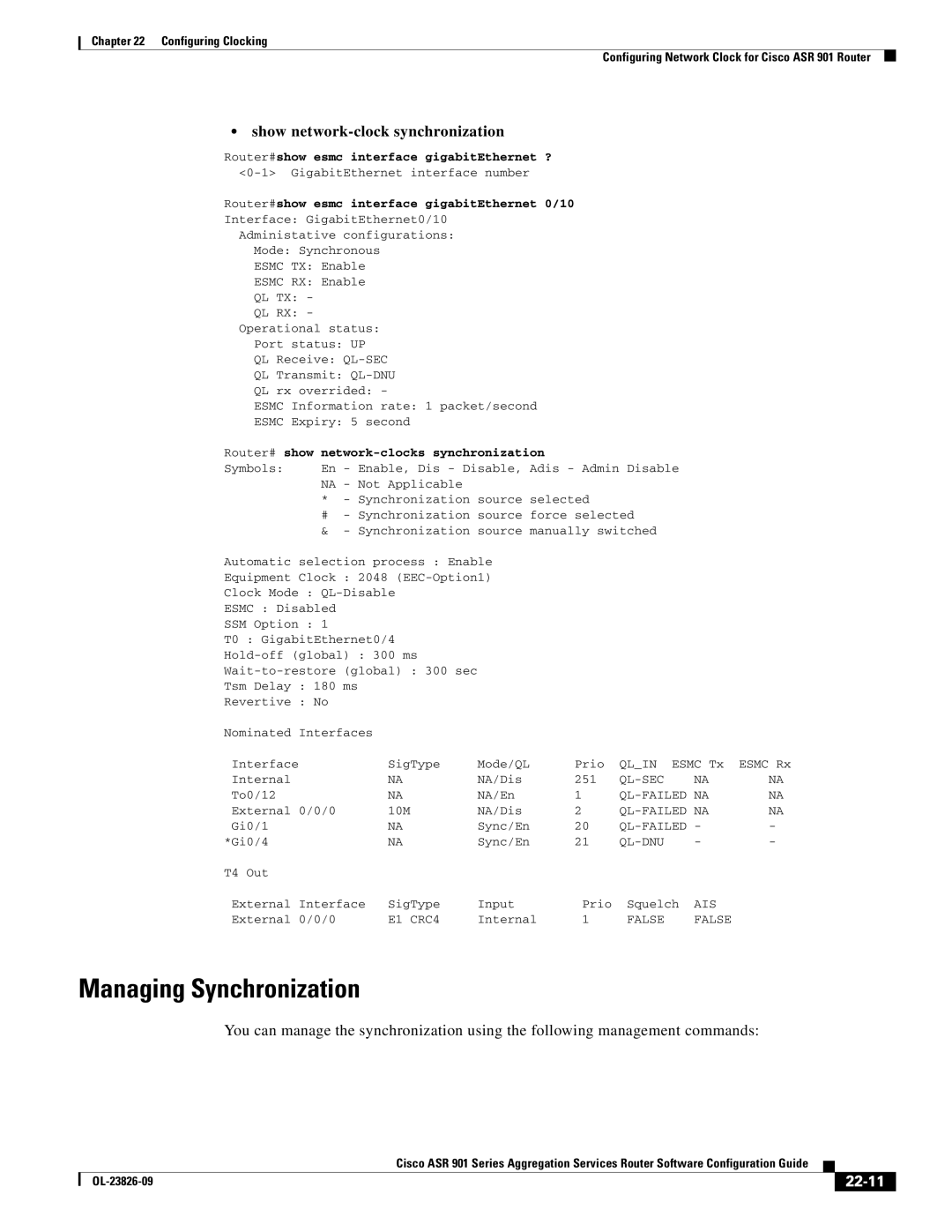 Cisco Systems A9014CFD manual Managing Synchronization, Show network-clock synchronization, 22-11 