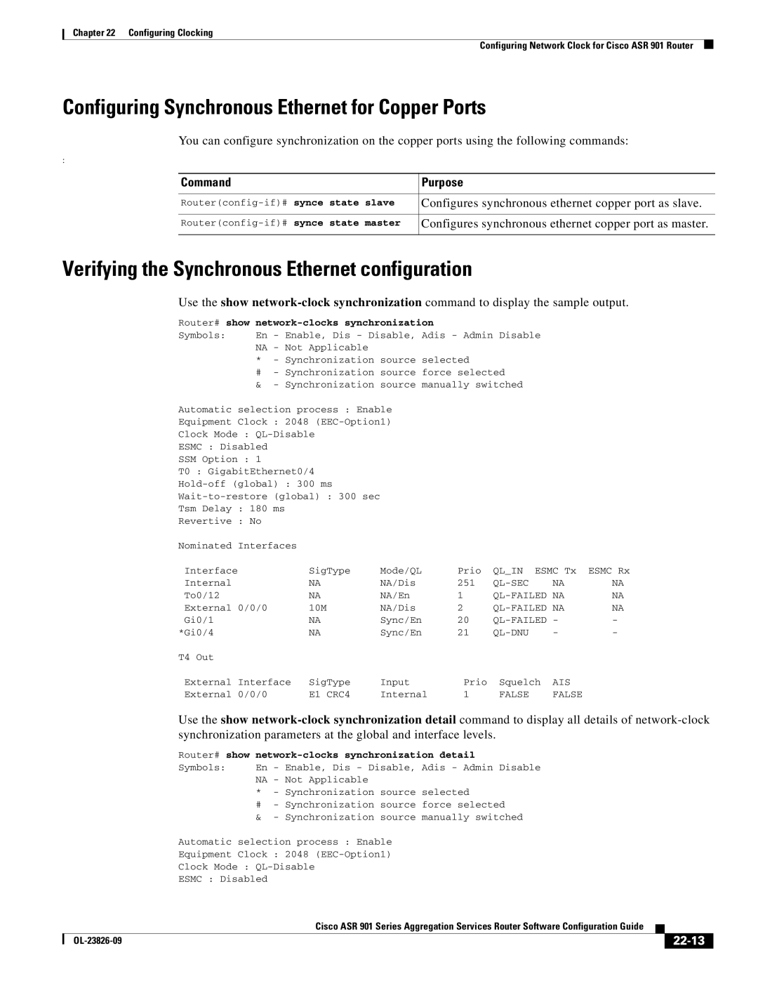 Cisco Systems A9014CFD Configuring Synchronous Ethernet for Copper Ports, Verifying the Synchronous Ethernet configuration 