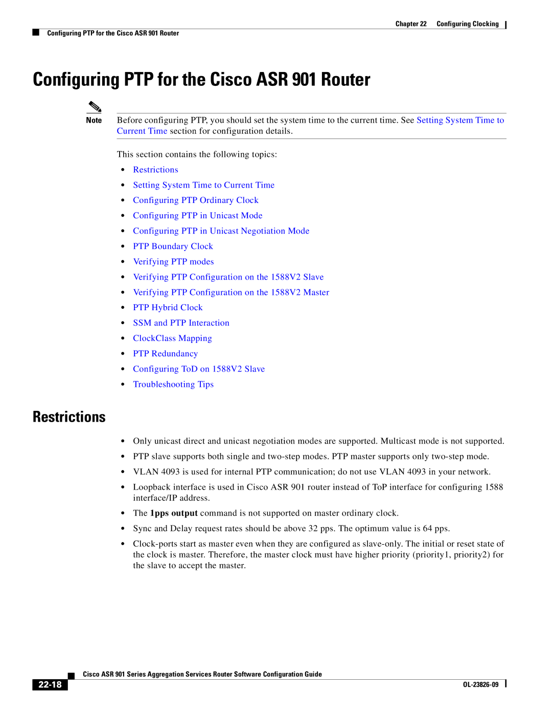 Cisco Systems A9014CFD manual Configuring PTP for the Cisco ASR 901 Router, 22-18 