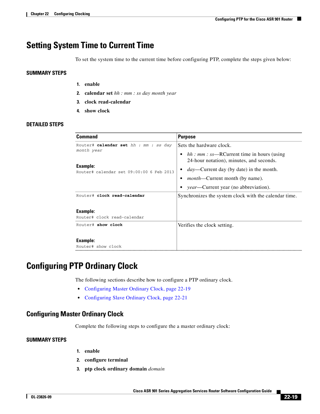 Cisco Systems A9014CFD manual Setting System Time to Current Time, Configuring PTP Ordinary Clock, 22-19 