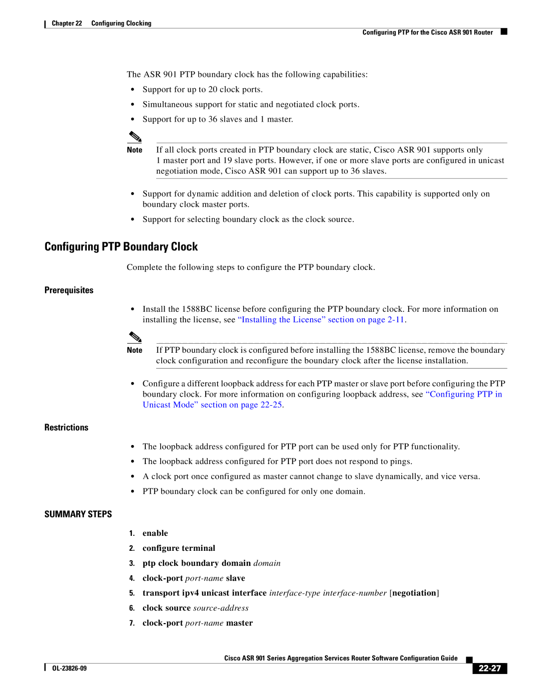 Cisco Systems A9014CFD manual Configuring PTP Boundary Clock, Clock-port port-namemaster, 22-27 