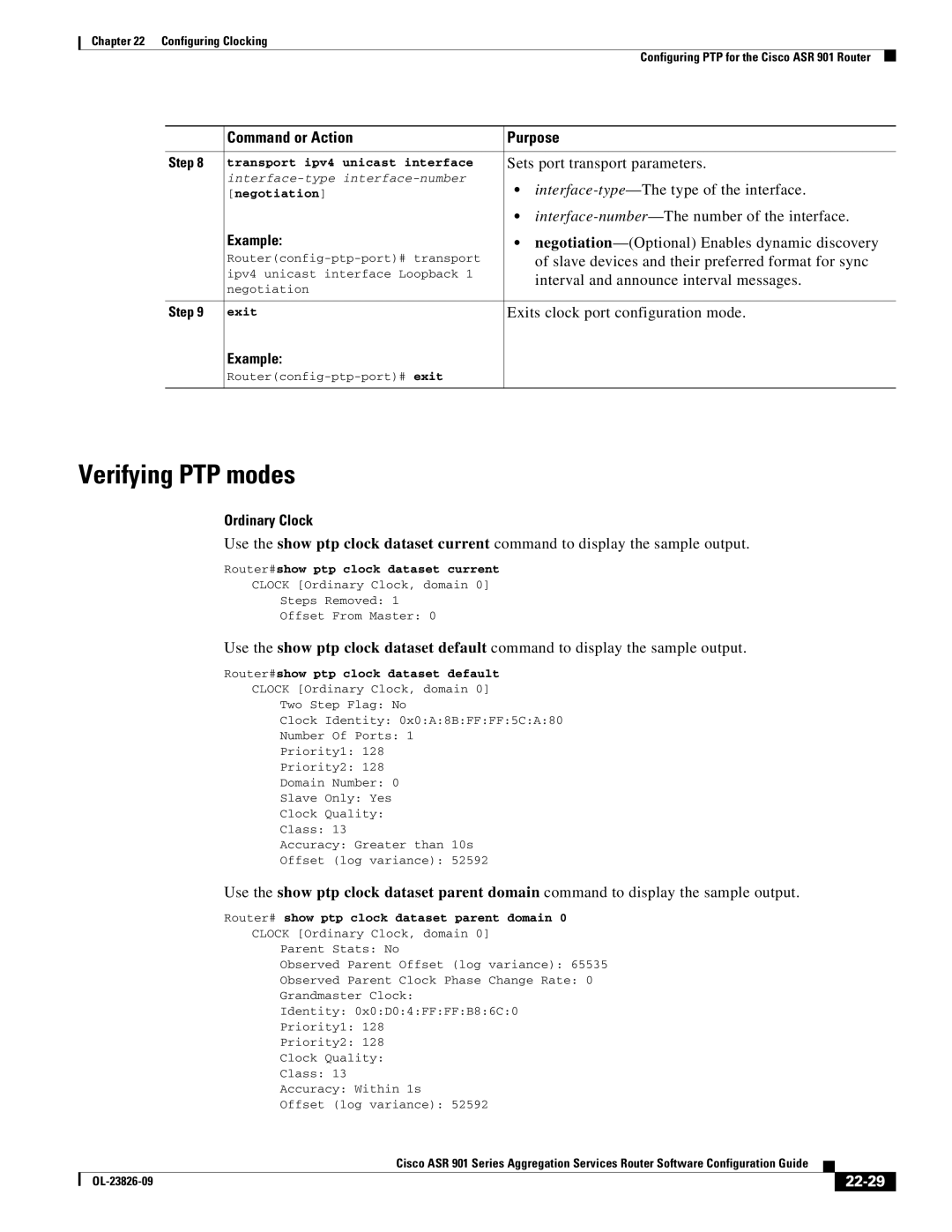 Cisco Systems A9014CFD manual Verifying PTP modes, Exits clock port configuration mode, Ordinary Clock, 22-29 