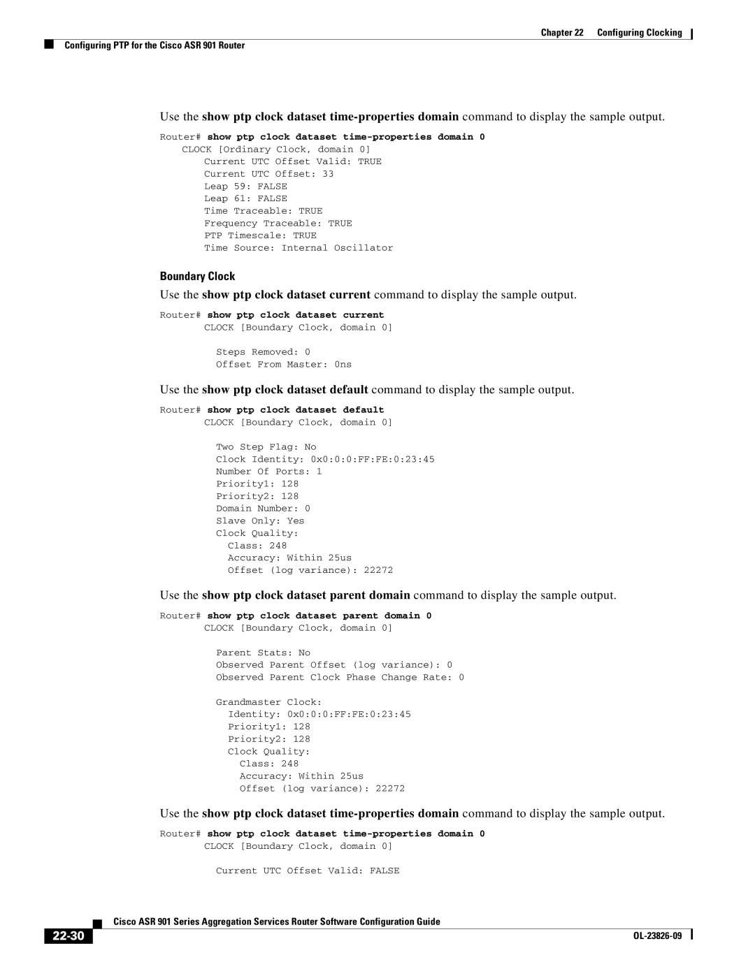 Cisco Systems A9014CFD manual Boundary Clock, 22-30, Router# show ptp clock dataset time-properties domain 