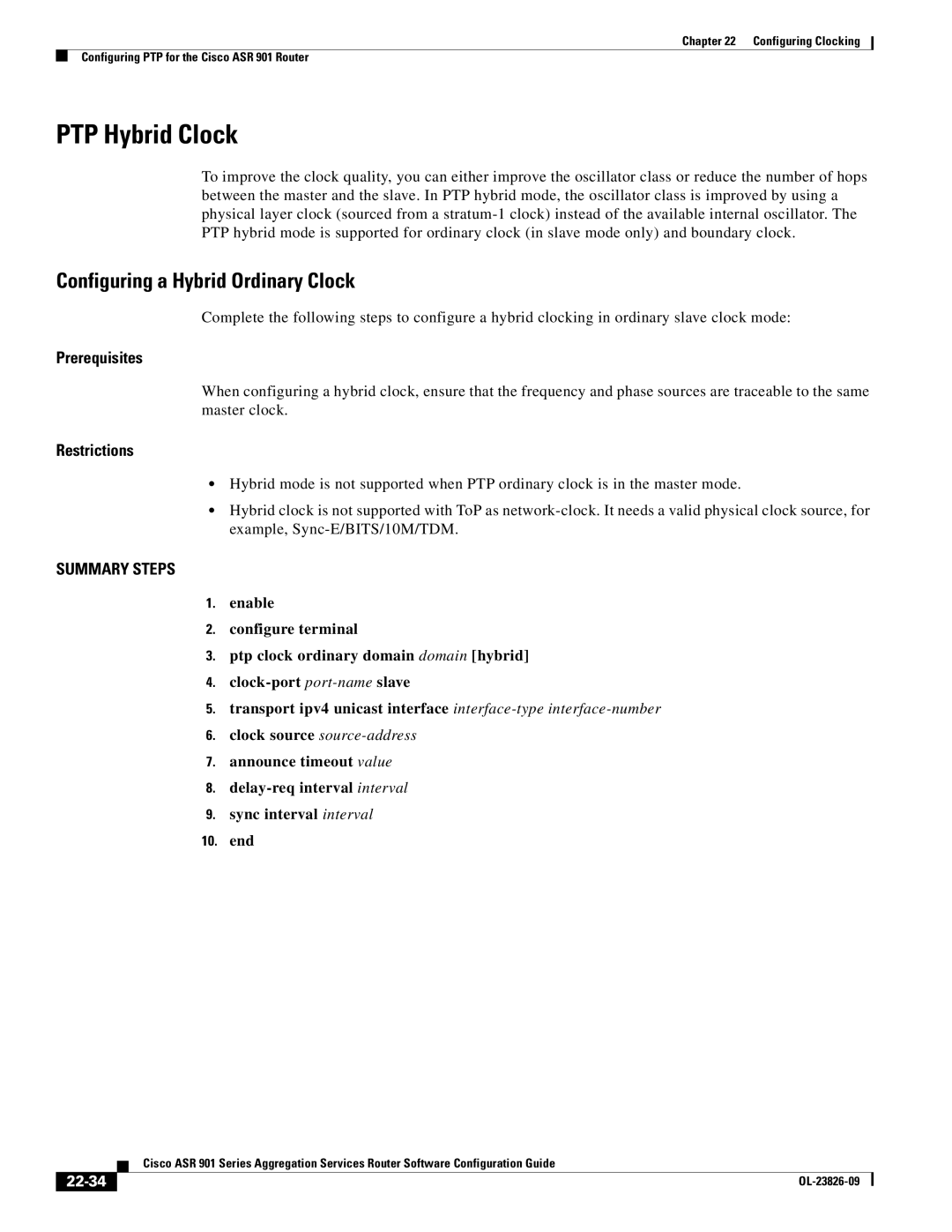 Cisco Systems A9014CFD manual PTP Hybrid Clock, Configuring a Hybrid Ordinary Clock, 22-34 