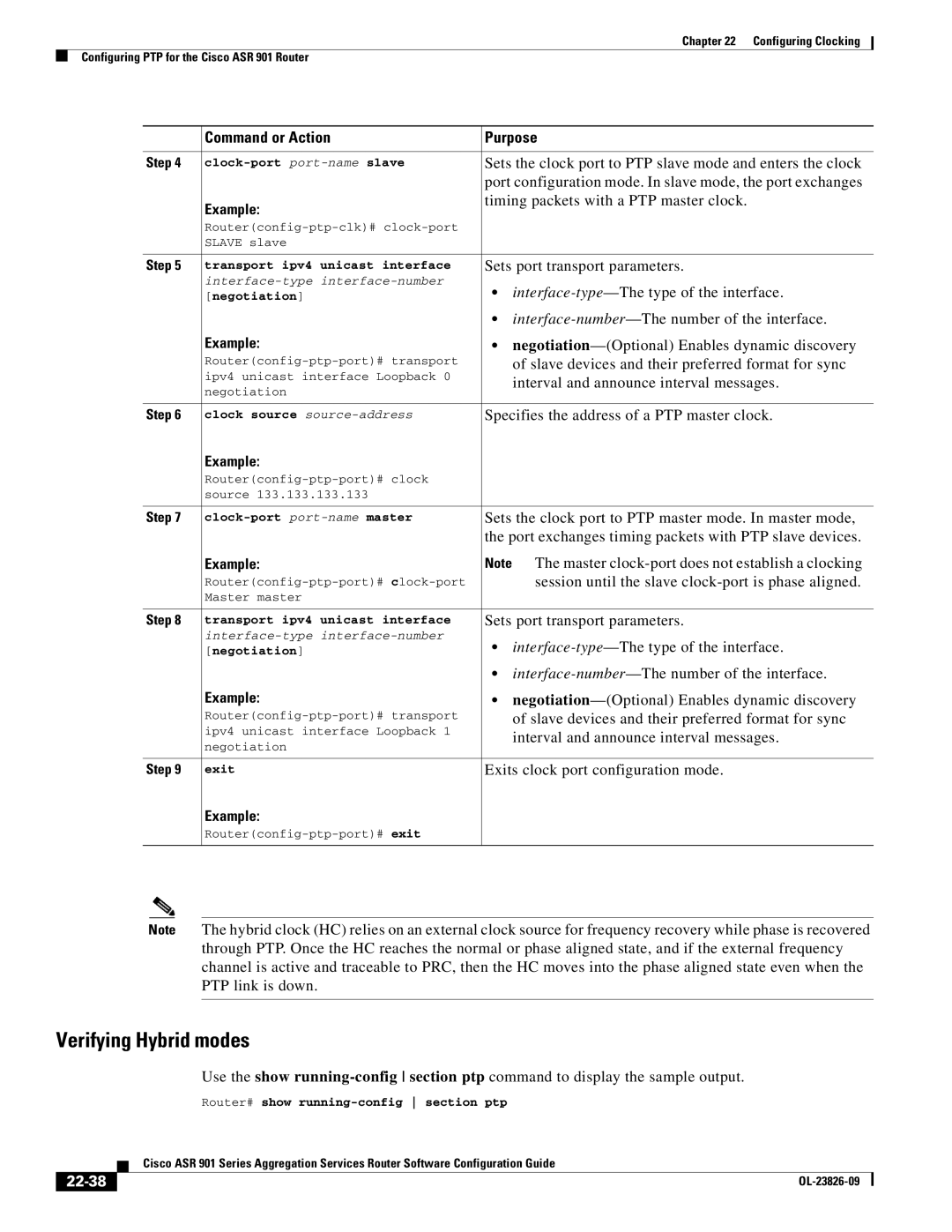 Cisco Systems A9014CFD manual Verifying Hybrid modes, 22-38, Router# show running-config section ptp 