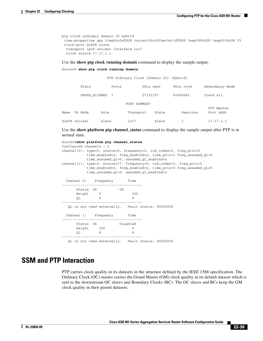 Cisco Systems A9014CFD manual SSM and PTP Interaction, 22-39, Router#show platform ptp channelstatus 