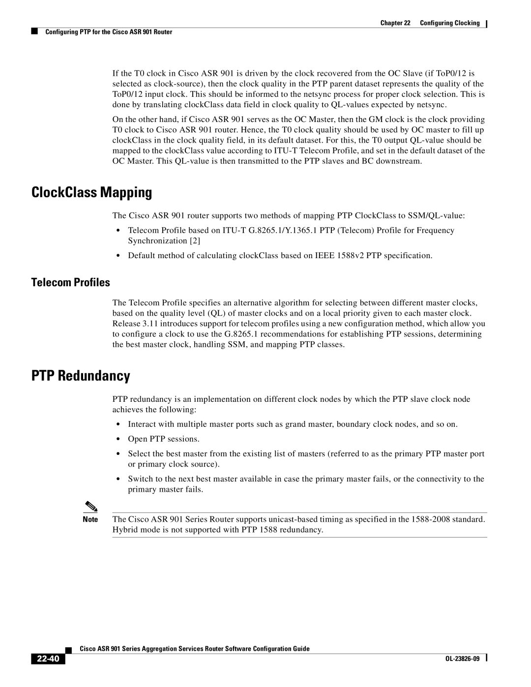 Cisco Systems A9014CFD manual ClockClass Mapping, PTP Redundancy, Telecom Profiles, 22-40 