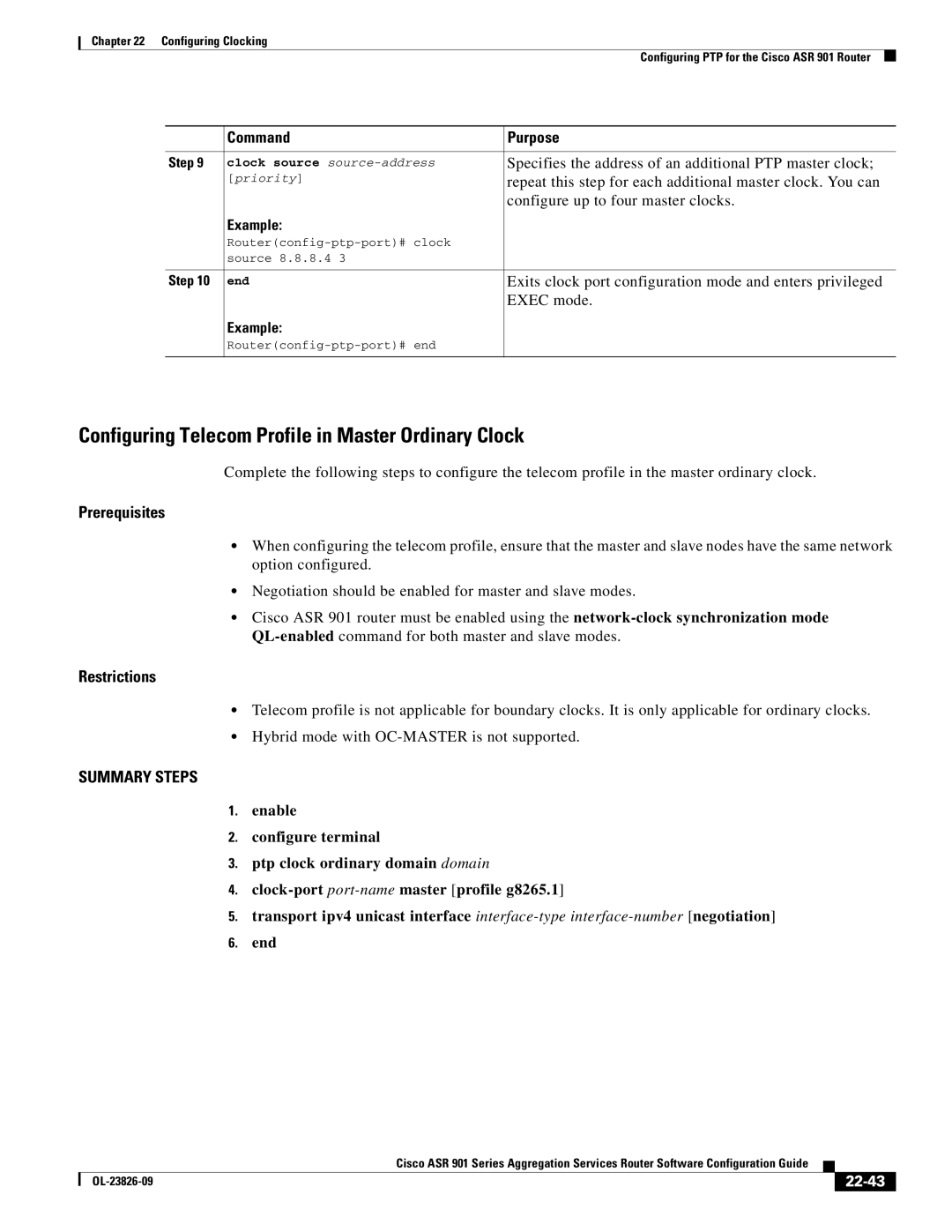 Cisco Systems A9014CFD manual Configuring Telecom Profile in Master Ordinary Clock, 22-43 