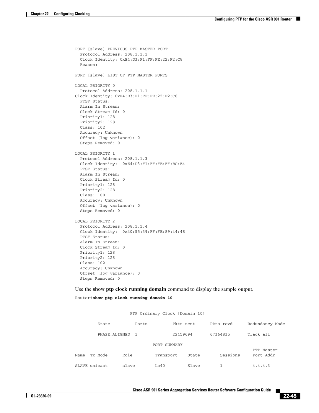 Cisco Systems A9014CFD manual 22-45, Router#show ptp clock running domain 