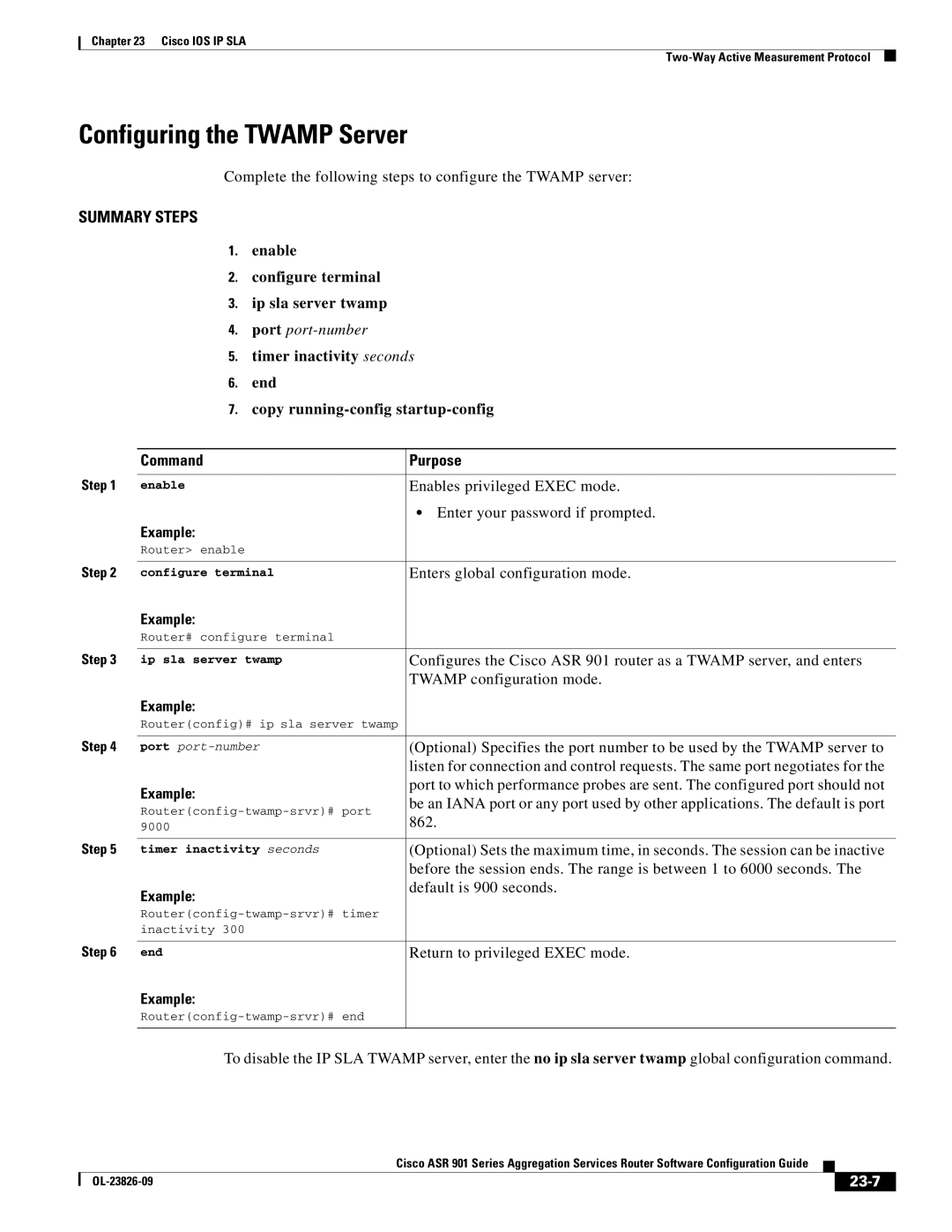 Cisco Systems A9014CFD Configuring the Twamp Server, Enable Configure terminal Ip sla server twamp, Port port-number, 23-7 