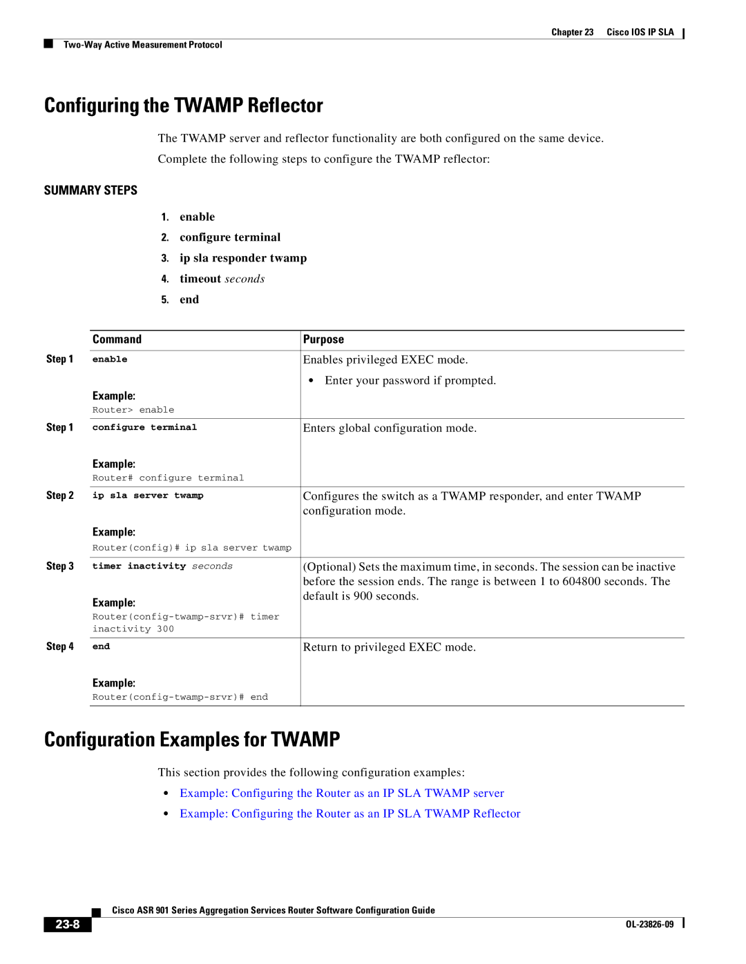 Cisco Systems A9014CFD manual Configuring the Twamp Reflector, Configuration Examples for Twamp, 23-8 