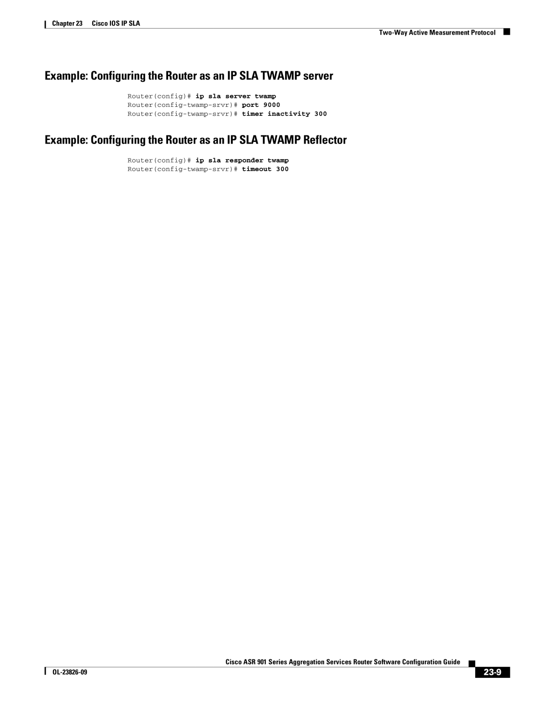 Cisco Systems A9014CFD Example Configuring the Router as an IP SLA Twamp server, 23-9, Routerconfig# ip sla server twamp 