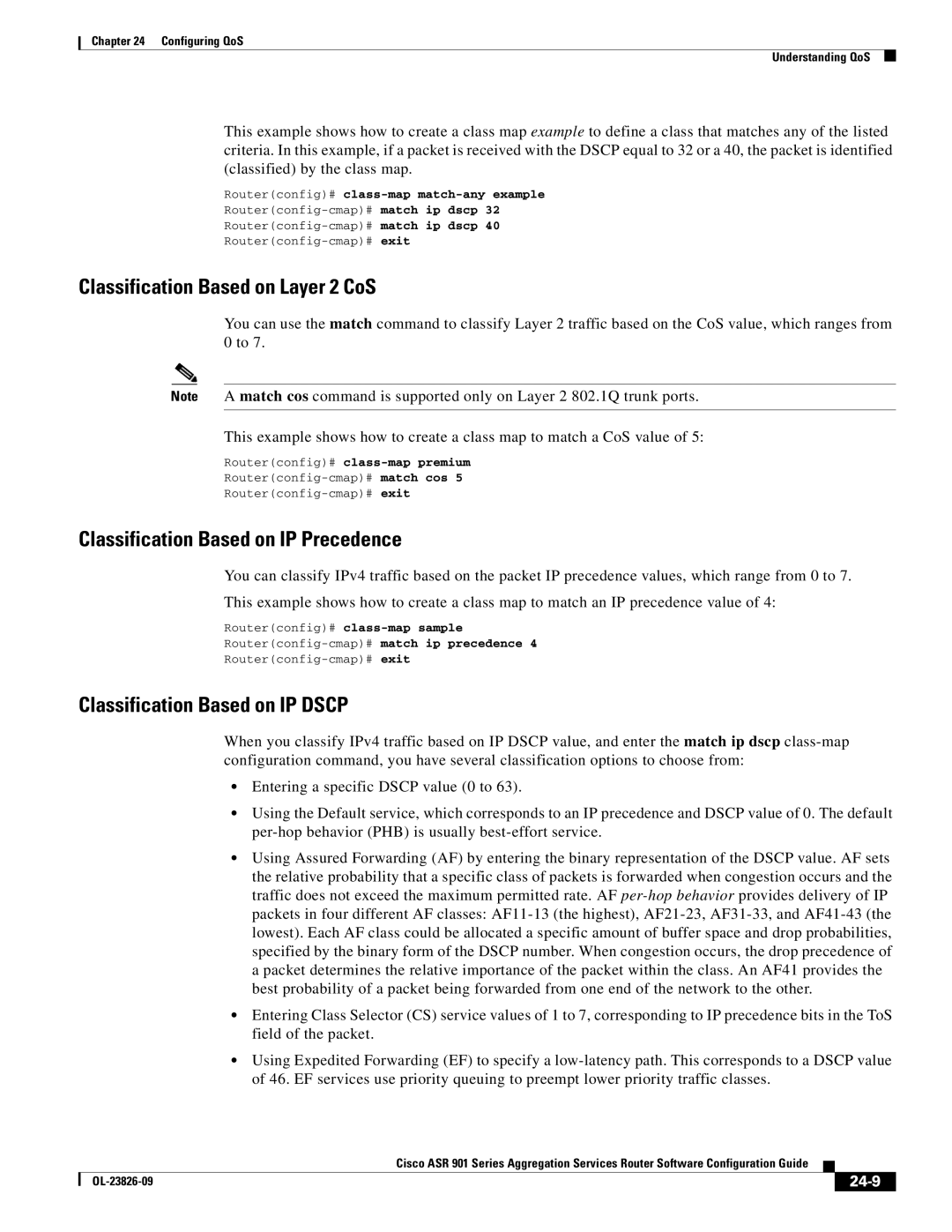 Cisco Systems A9014CFD manual Classification Based on Layer 2 CoS, Classification Based on IP Precedence, 24-9 