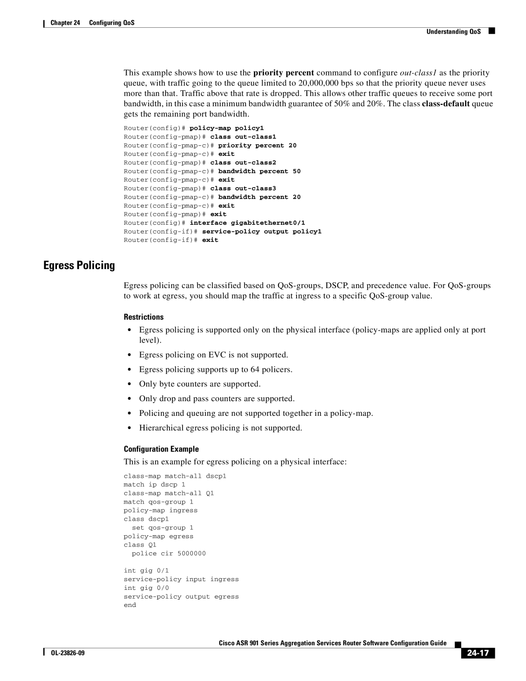 Cisco Systems A9014CFD manual Egress Policing, Configuration Example, 24-17, Routerconfig# policy-map policy1 